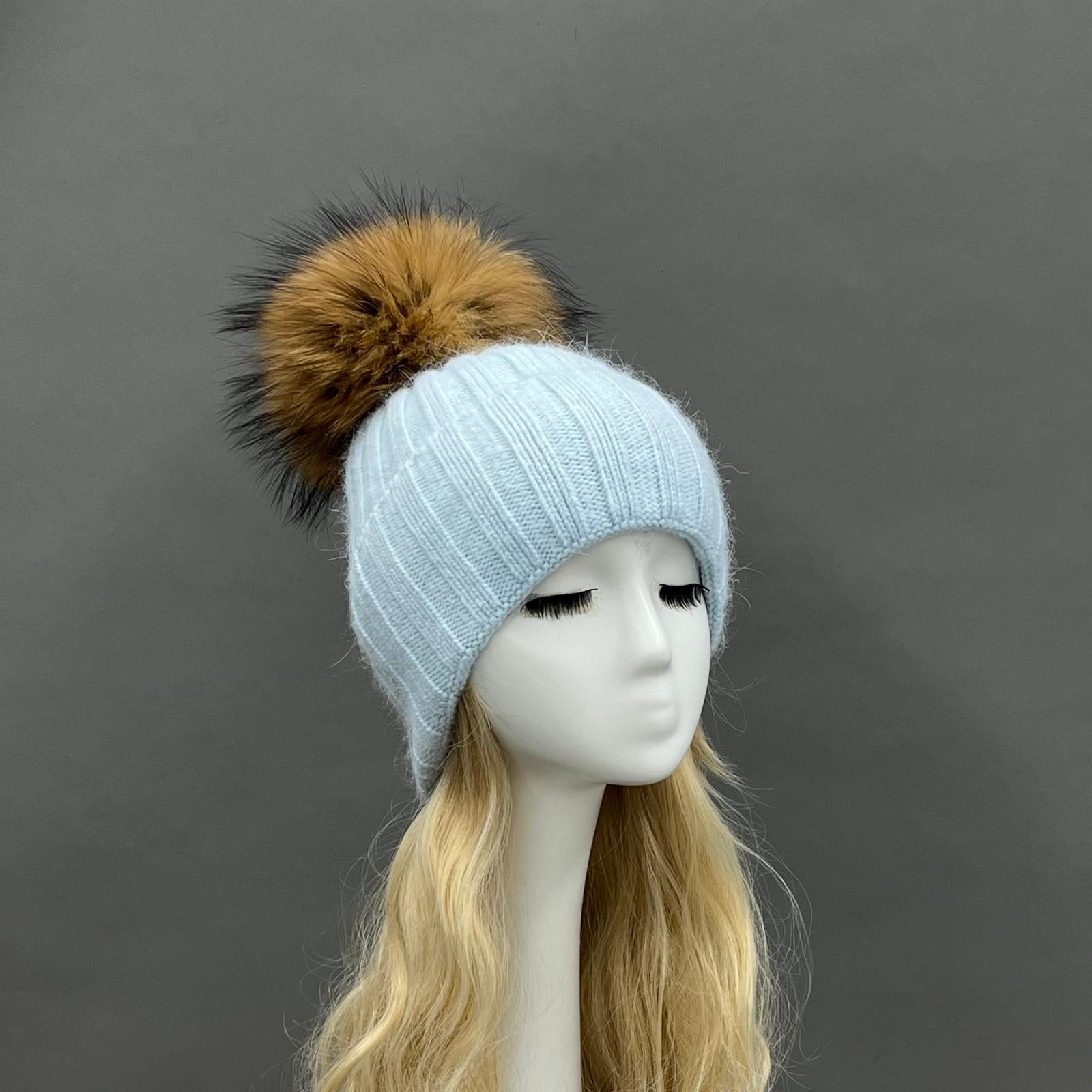 Thick Striped Angora Wool Pom Pom Winter Hat 2