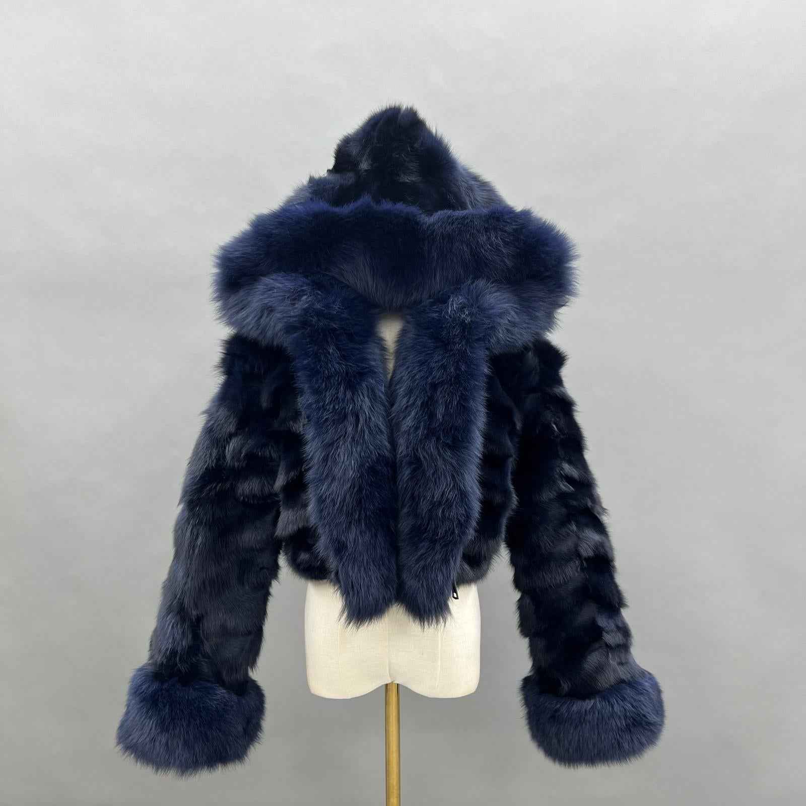 Fox Fur Coat for Women Luxurious Fox Fur Placket Hooded Zippered Jacket Dark bule