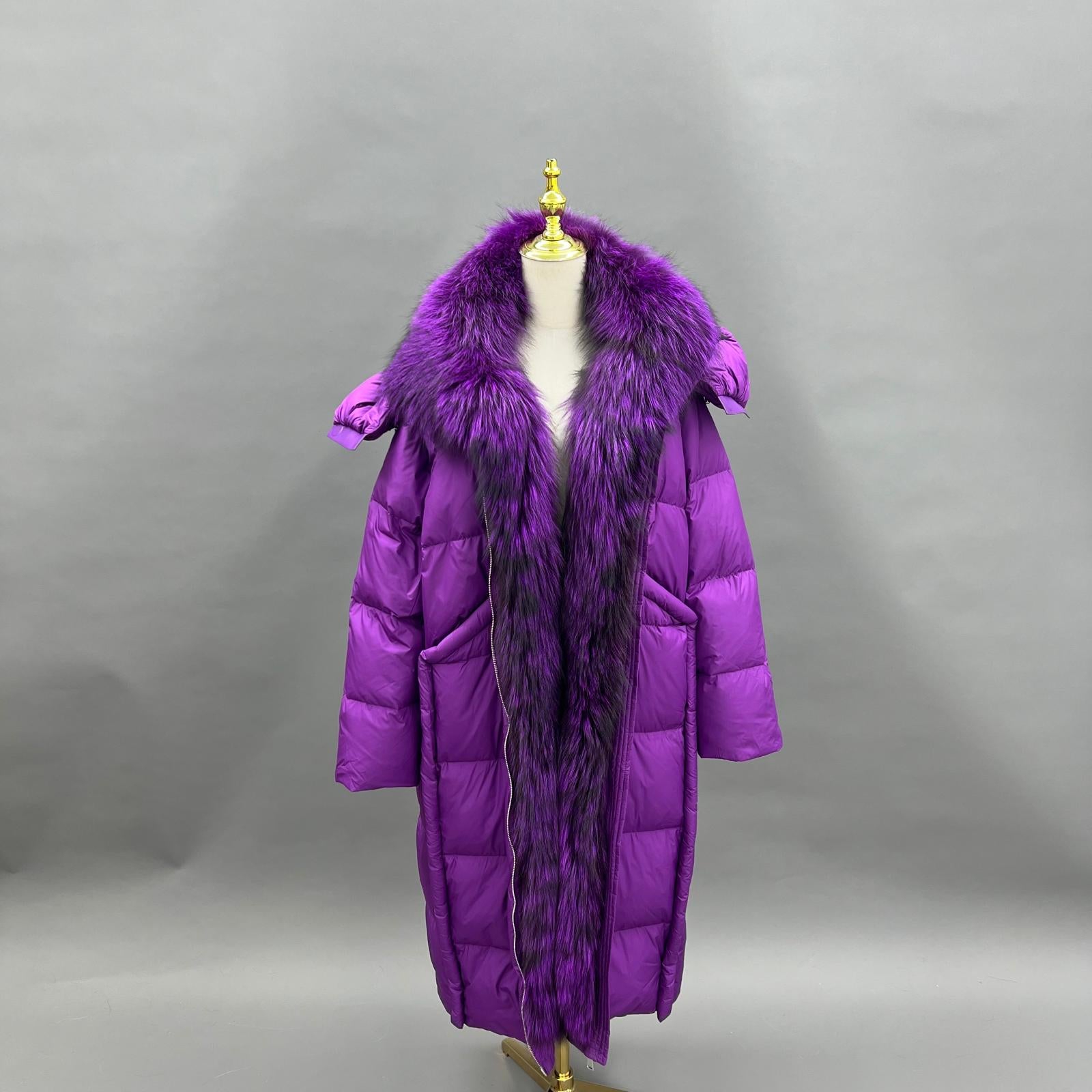 Goose Down-Insulated Knitted Cuff Collar Large Lapel Lightweight Warm Down Jacket Down Coat Purple