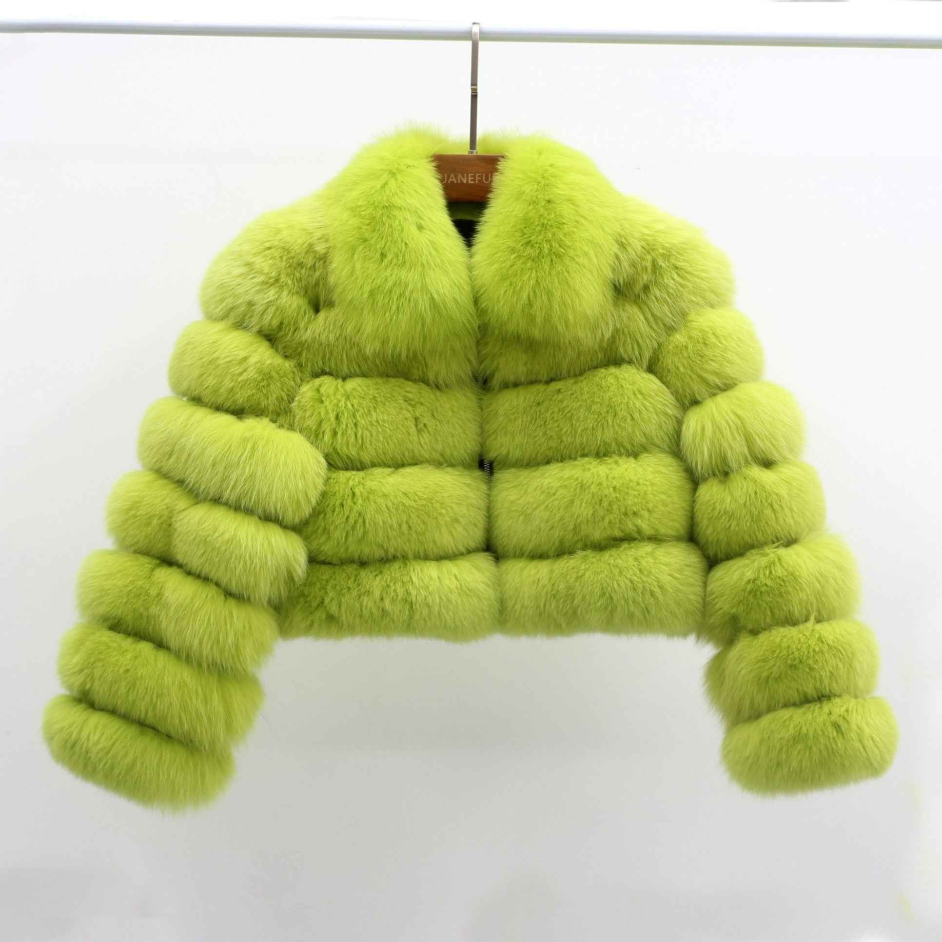 Women's Five Sections Zipper Fox Fur Coat Winter Coat Bright Green S-chest 92cm