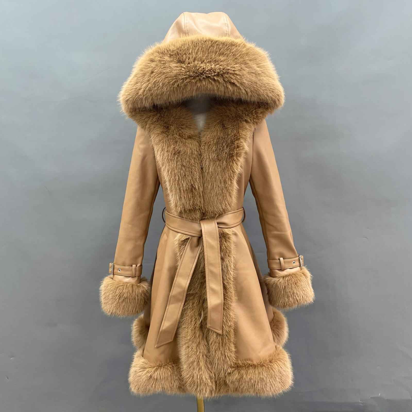 Eco-Friendly Leather and Fur Women's Long Belted Hooded Coat