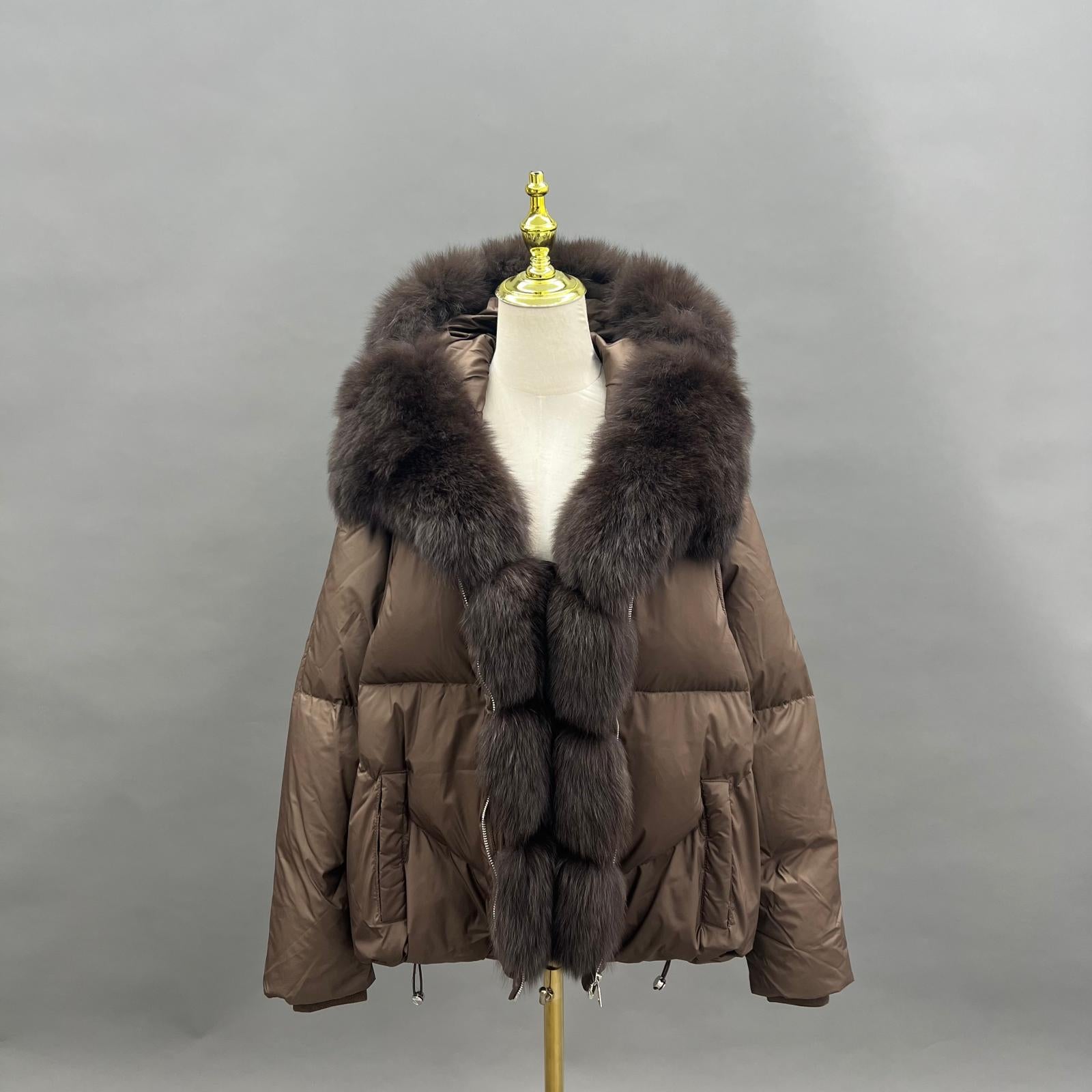 Goose Down-Lined Women's Segmented Fox Fur Placket Hooded Down Jacket