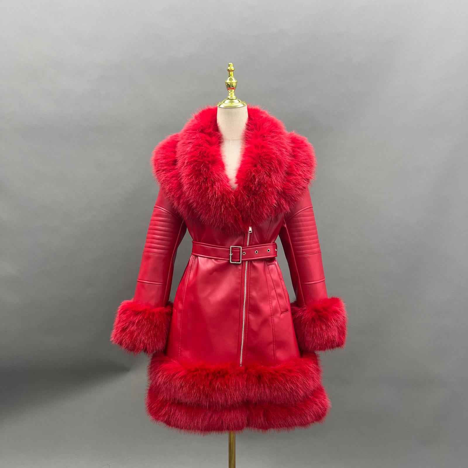 Eco-Friendly Leather Women's Mid-Length Coat with Faux Fur Cuffs and Belt