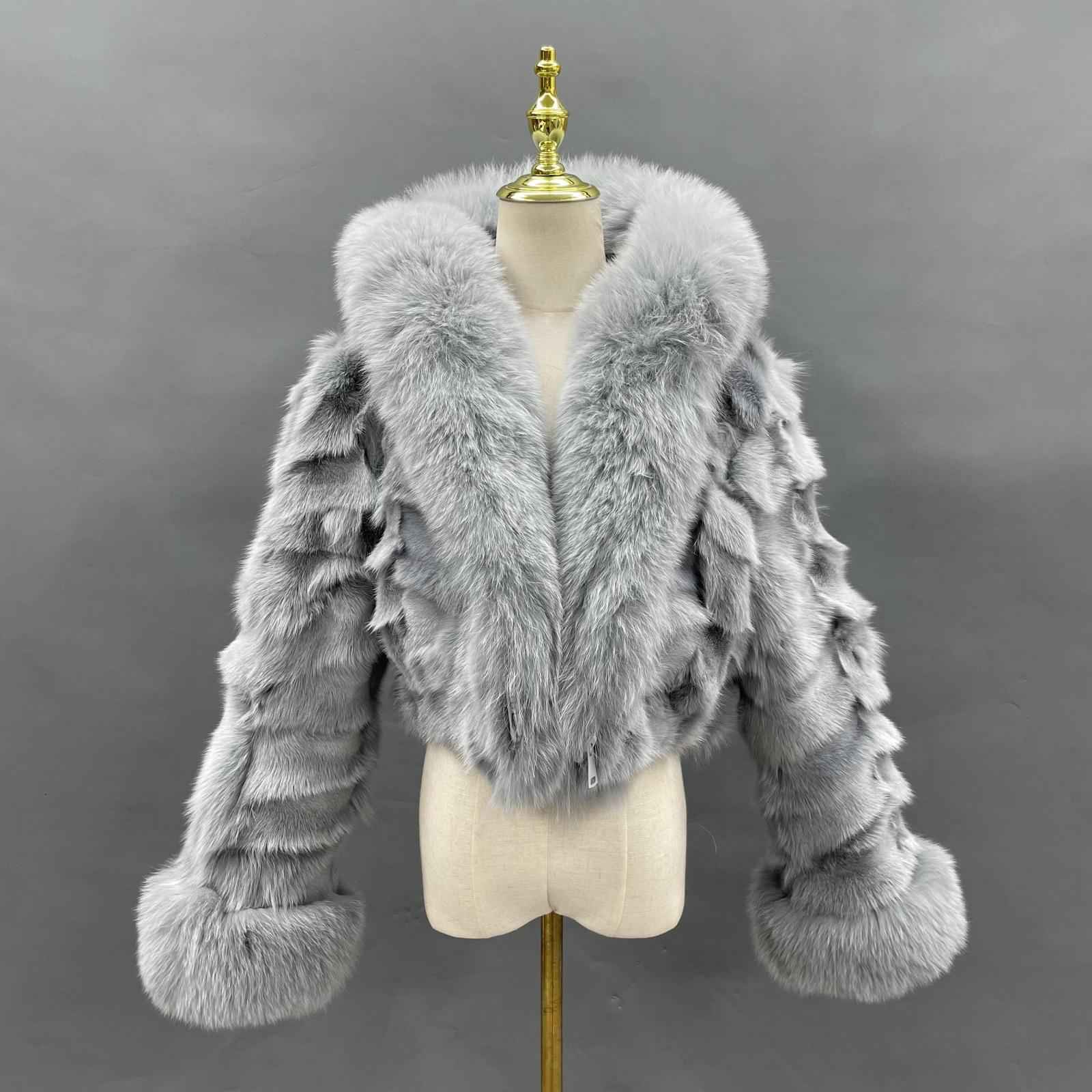 Fox Fur Coat for Women Luxurious Fox Fur Placket Hooded Zippered Jacket Grey
