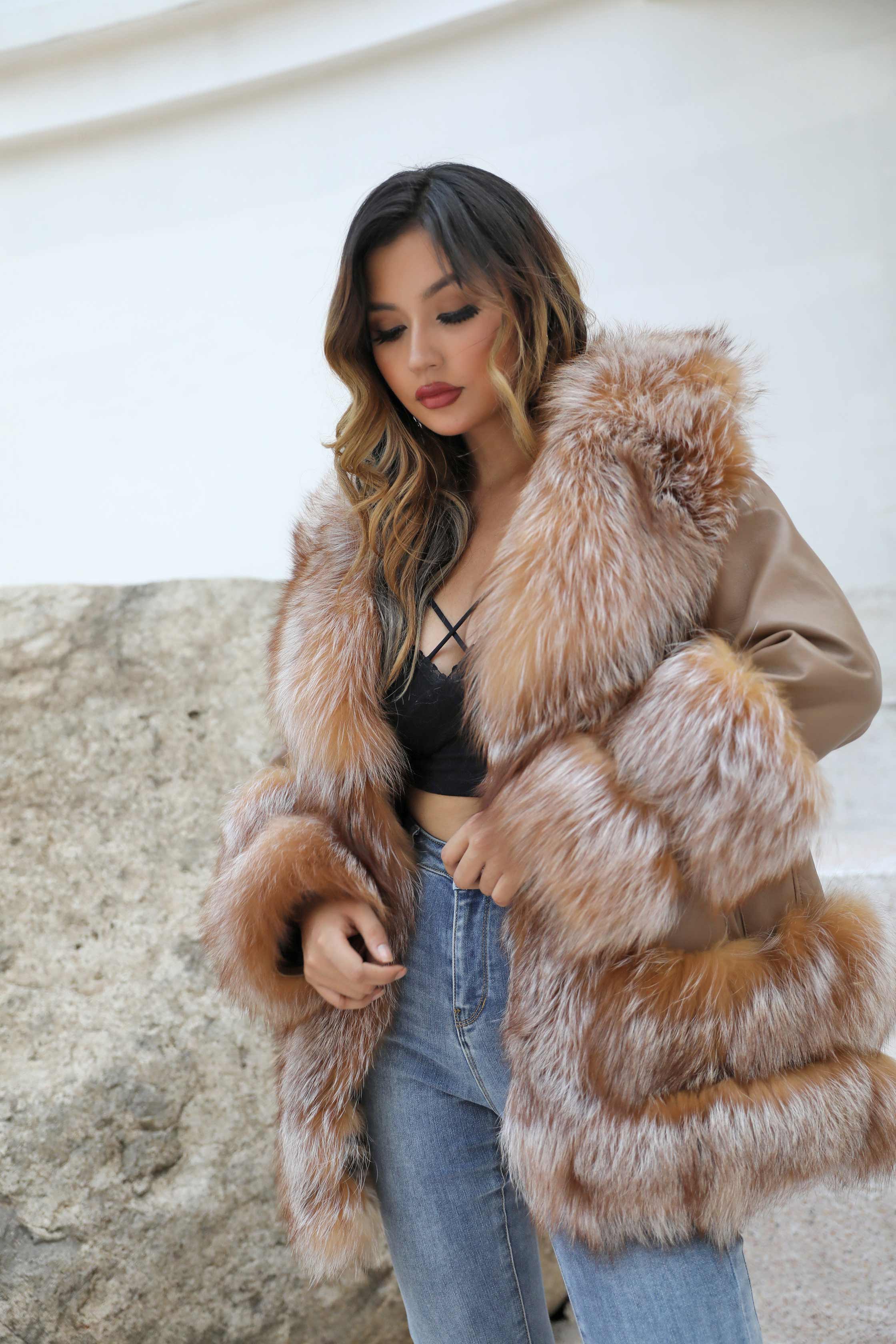 Luxury Fluffy Real Fox Fur Coat Women's Winter Fashion Coat Brown
