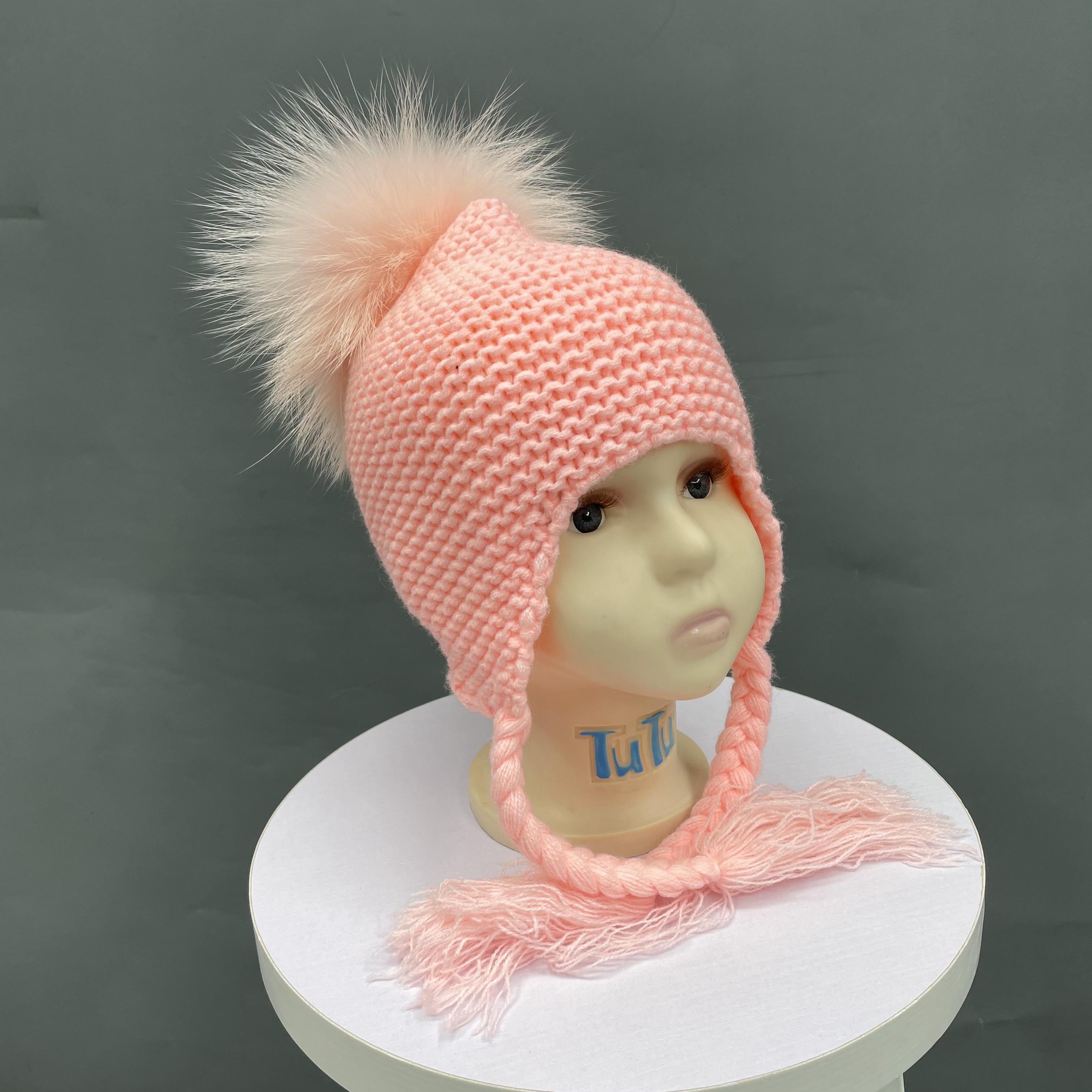 Children's Fashion Knitted Big Braid Raccoon Fur Pom Pom Hat 9 Age(1-5)