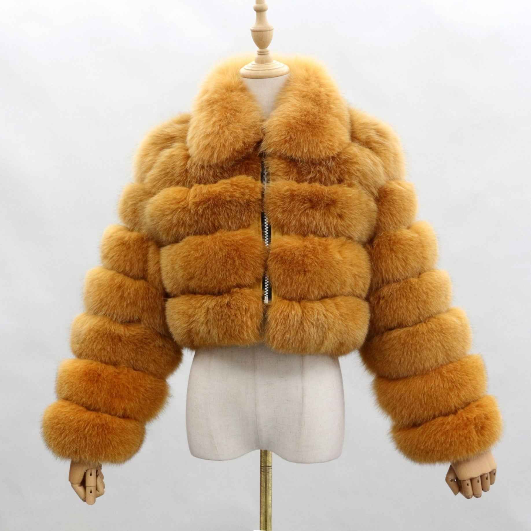 Women's Five Sections Zipper Fox Fur Coat Winter Coat Dark orang S-chest 92cm
