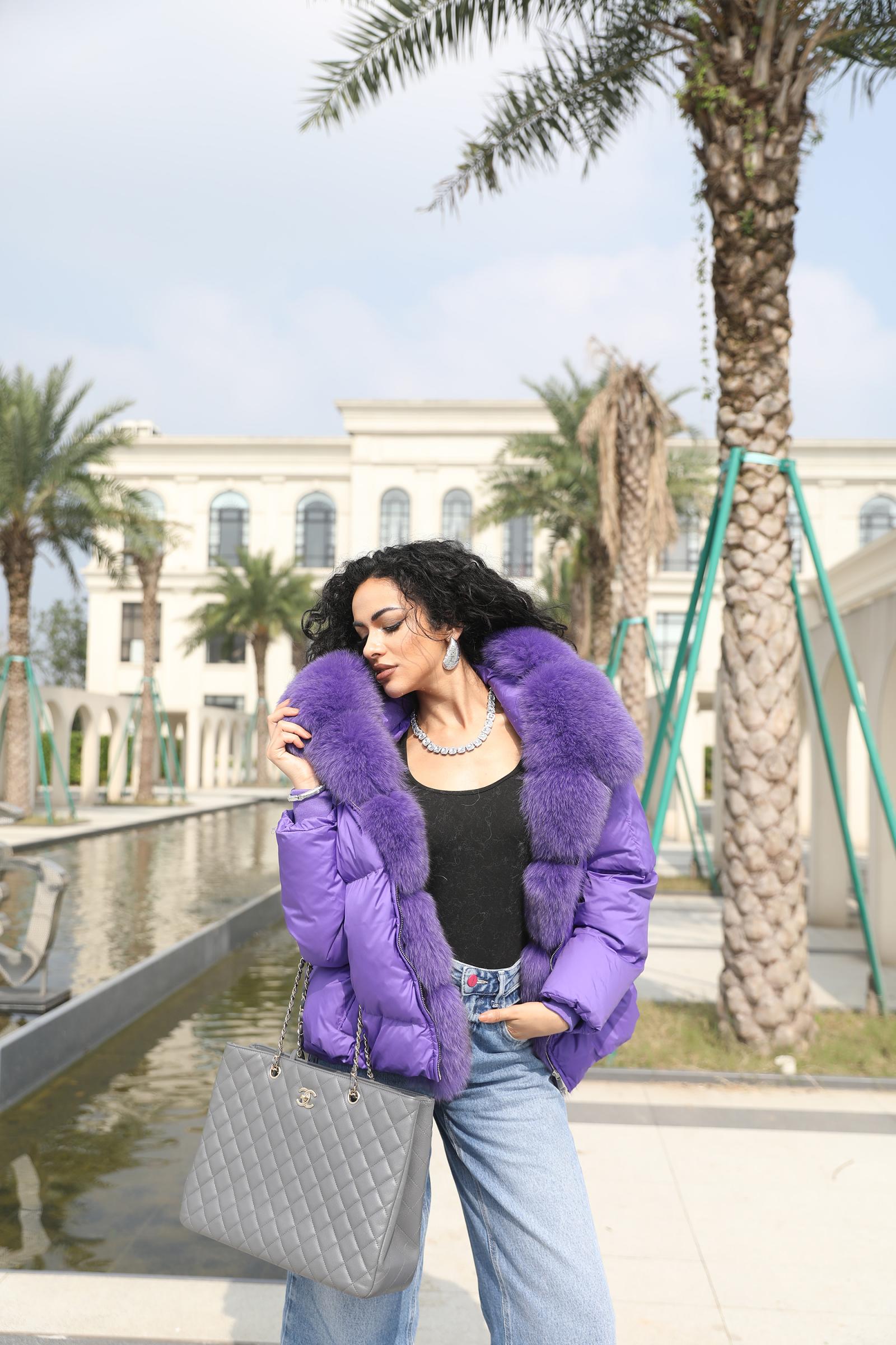 Goose Down-Lined Women's Segmented Fox Fur Placket Hooded Down Jacket