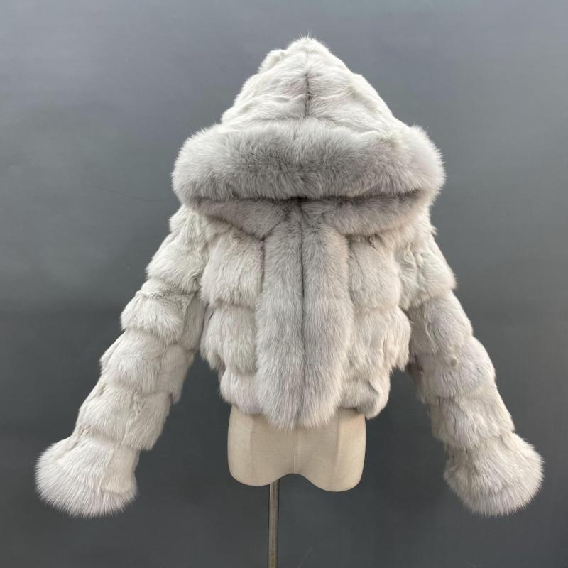 Luxury Women's Winter Short Fox Fur With Hooded Zipper Style Coat Cream White Click chat with us