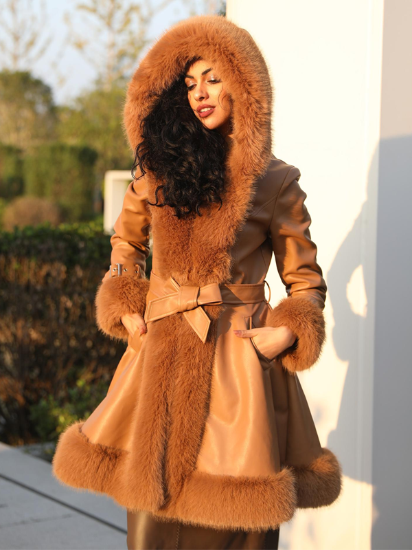 Eco-Friendly Leather and Fur Women's Long Belted Hooded Coat