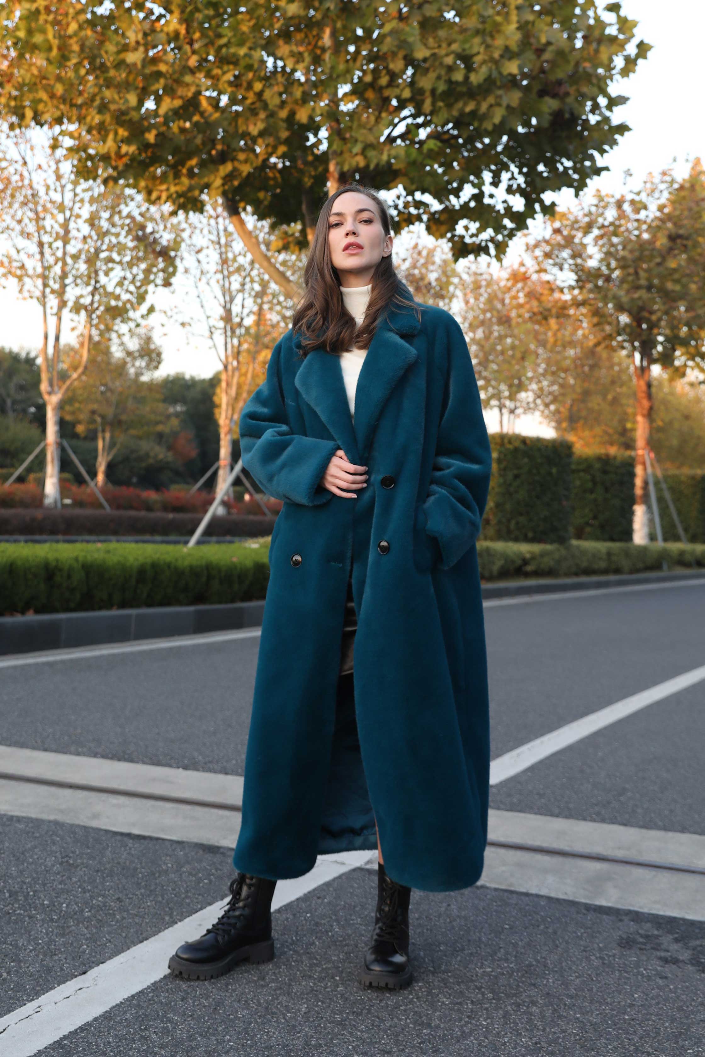 Women's Winter Solid Color Fashion Collar Faux Mink Eco Fur Coat Dark bule F-chest 126cm
