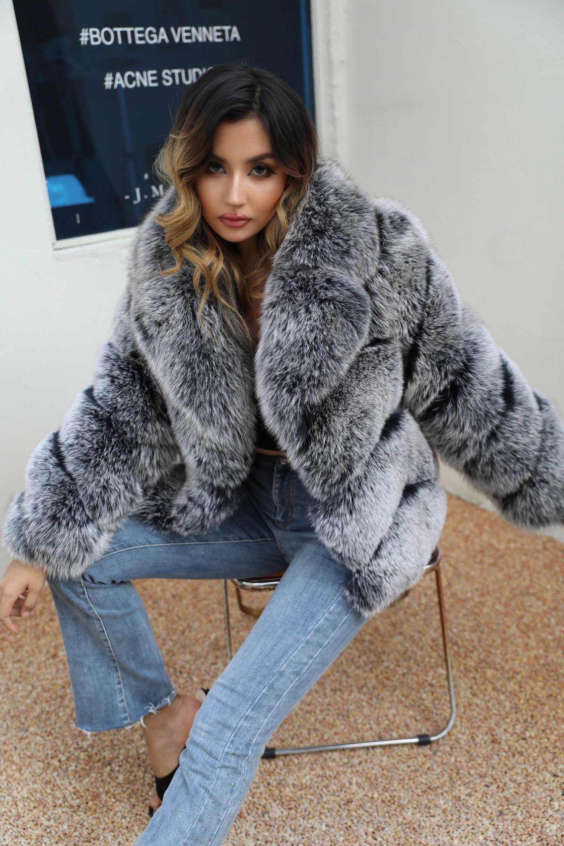 Winter Women's Suit Collar Real Fox Fur Casual Coat Grey