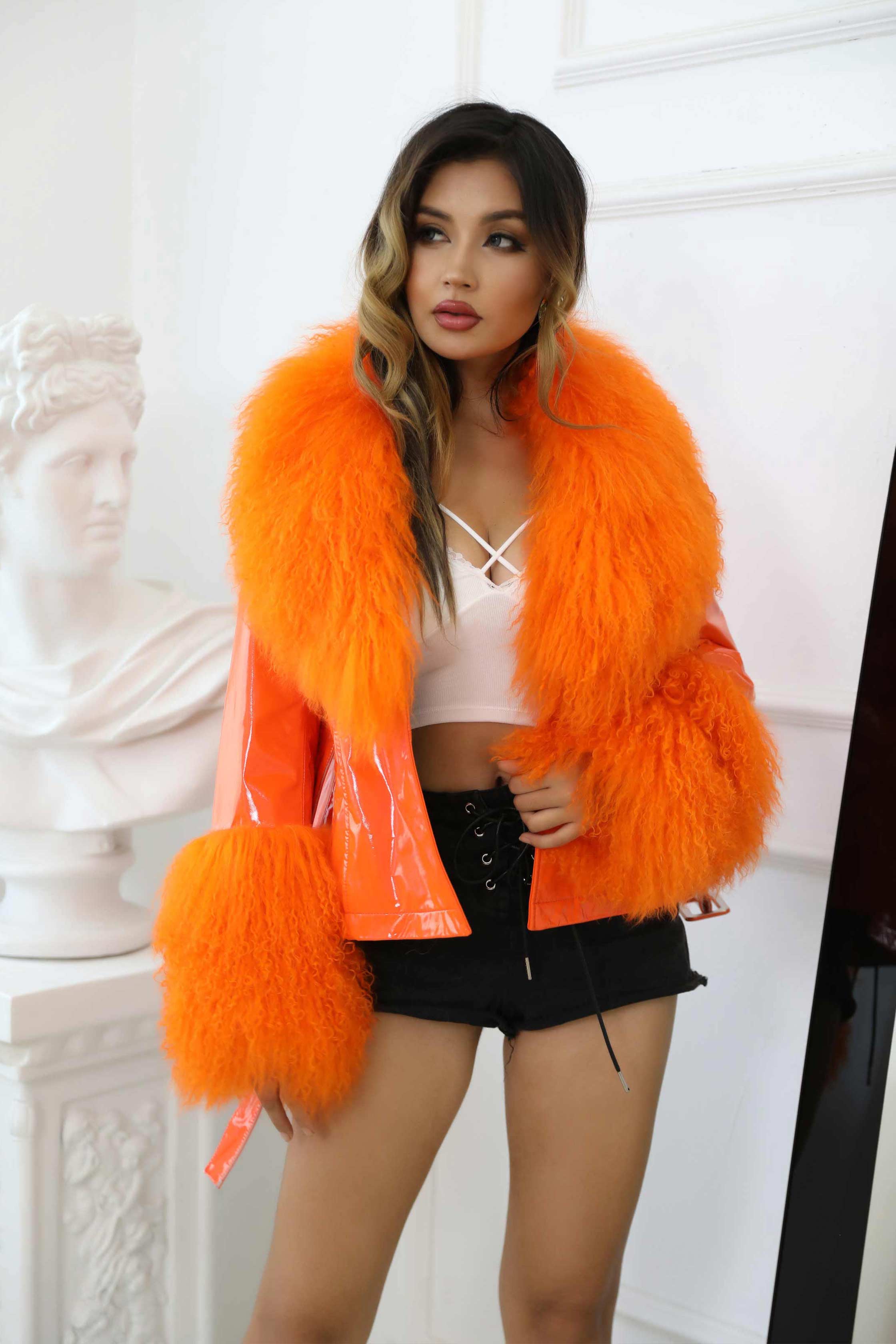 Spring And Autumn Women's Short Bright Leather Coat With Fur At The Collar And Cuffs