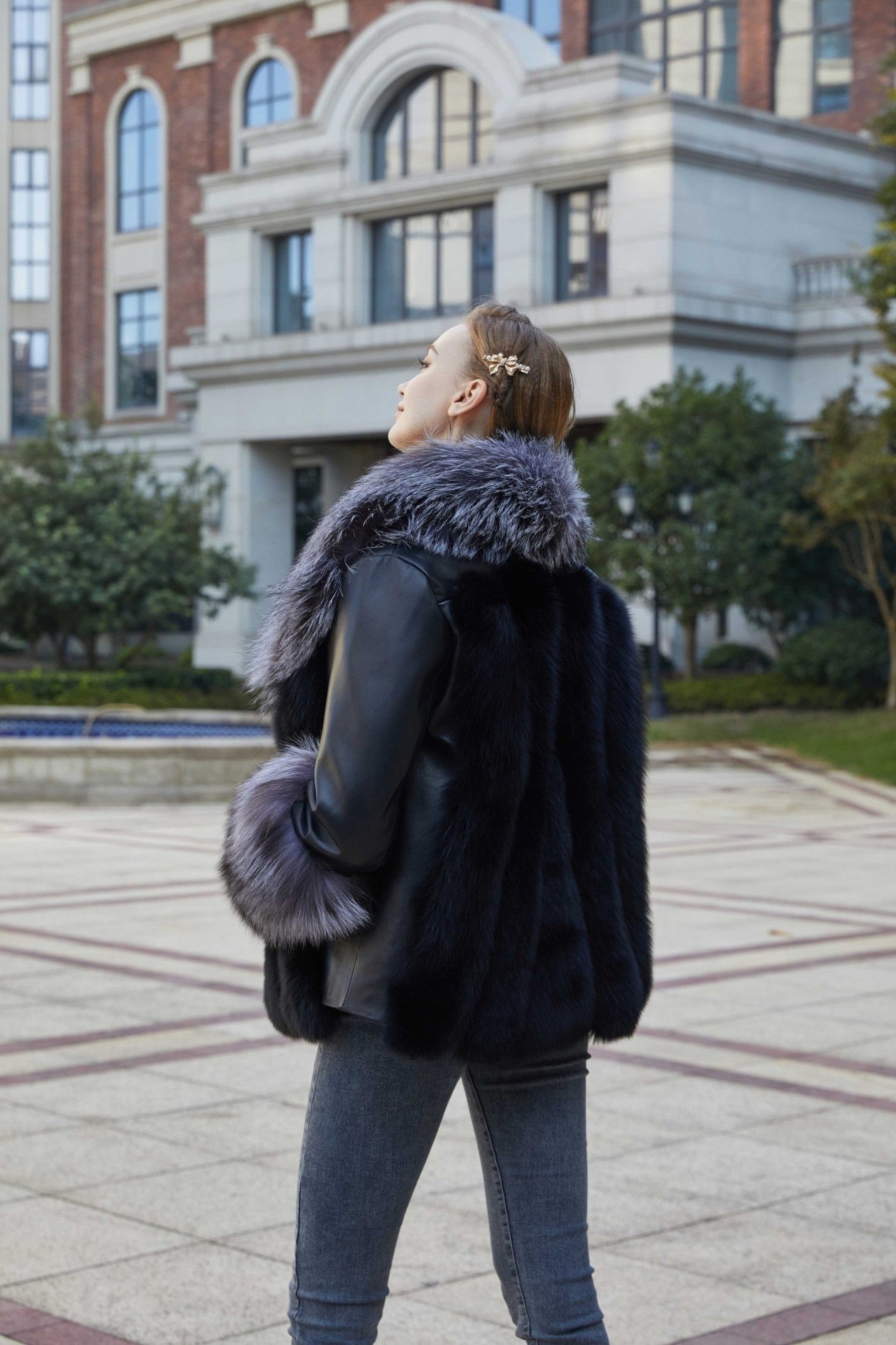 New Silver Fox Collar Patchwork Down Jacket