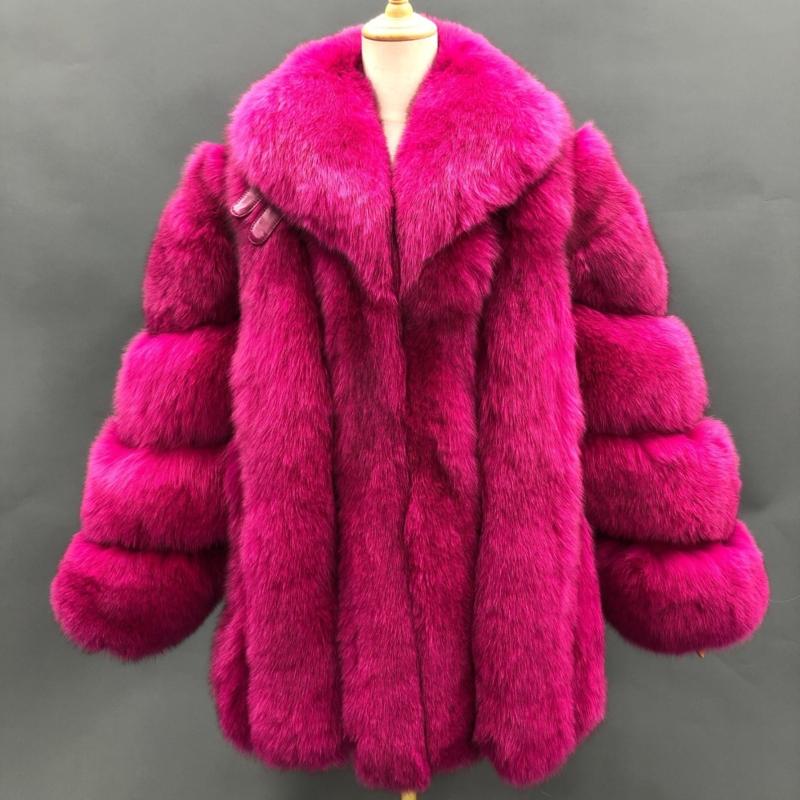 Winter Bright Color Vertical Fox Fur Coat For Women Dark pink