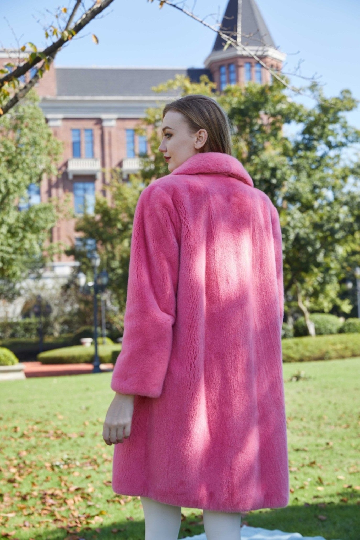 Women's High Quality Suit Collar Mid-Length Mink Pink Coat
