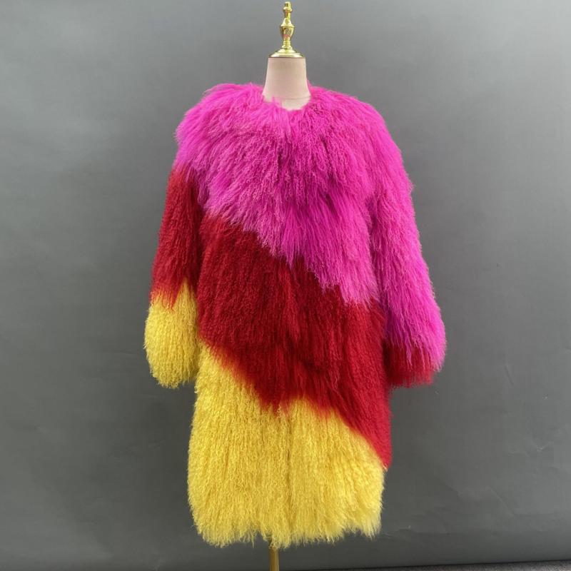 Janefur Mongolian Lamb Fur Long Coat Three Color Mix