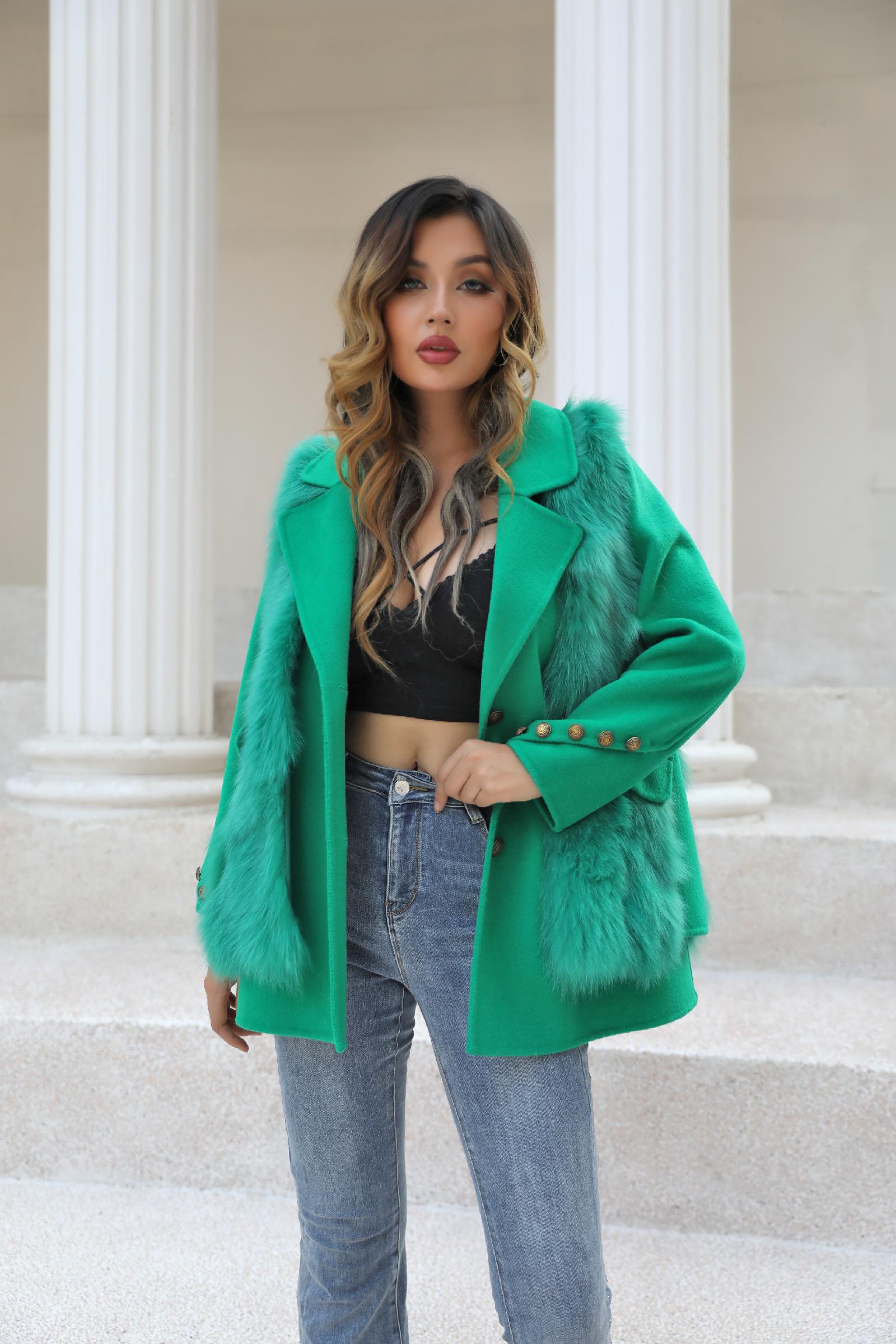 Elegant Suit-style Two-piece Double-faced Wool Coat Women's Spring and Autumn Cashmere Jacket Outerwear Green
