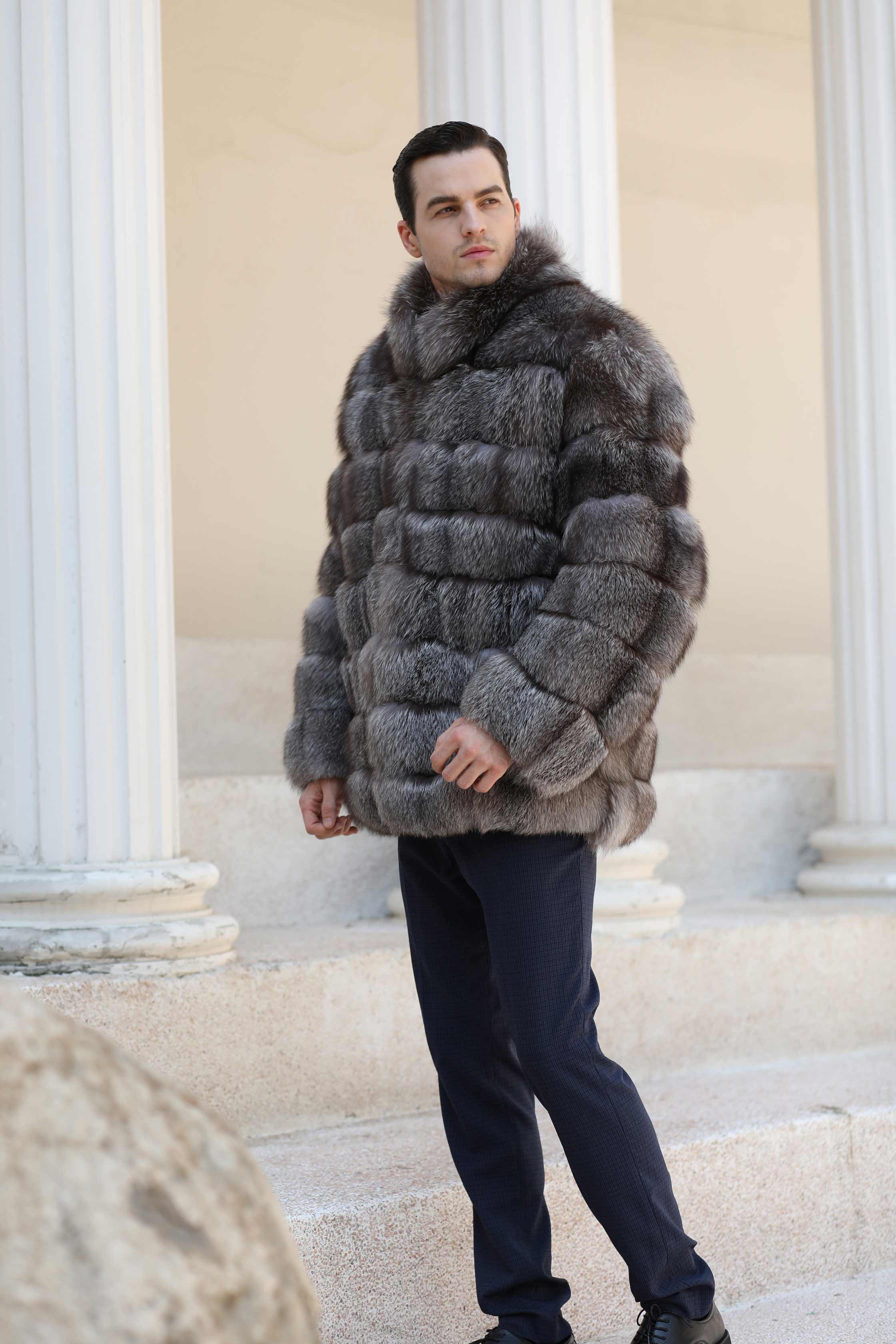 Men's Winter Fashion Warm Stand-up Collar Real Blue Fox Fur Coat