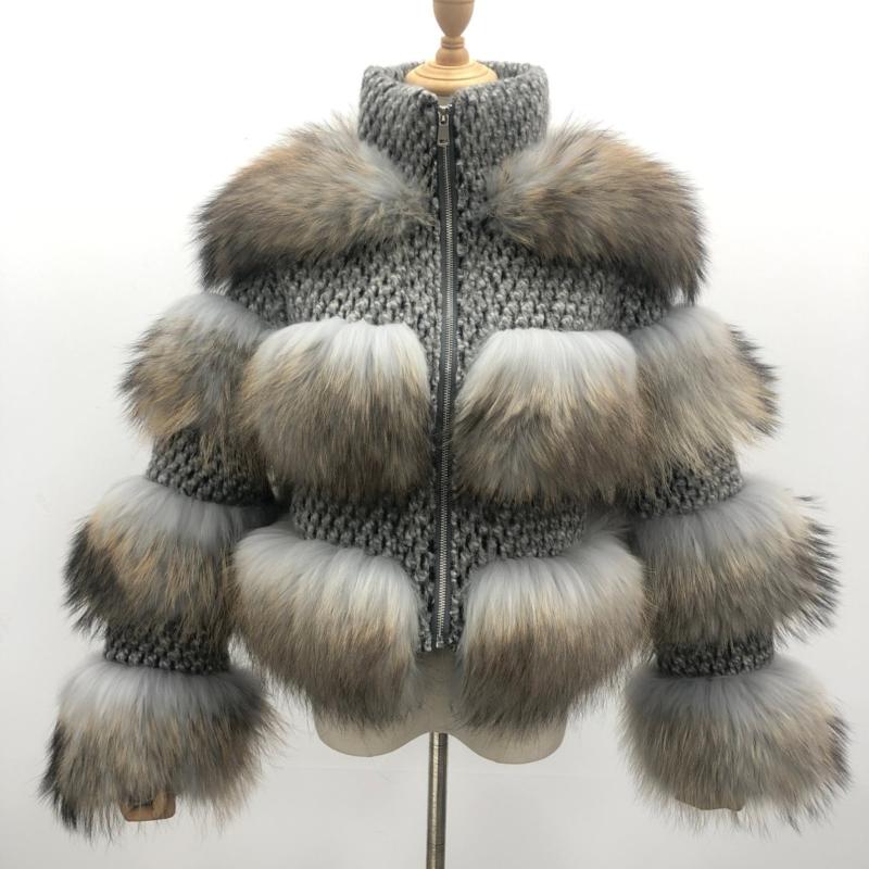 Fashion Women's Short Chanel Style Raccoon Fur Layered Coat Grey