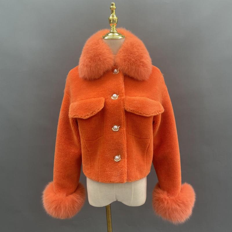 Pearl Button Lapel Shearling Short Jacket Orange