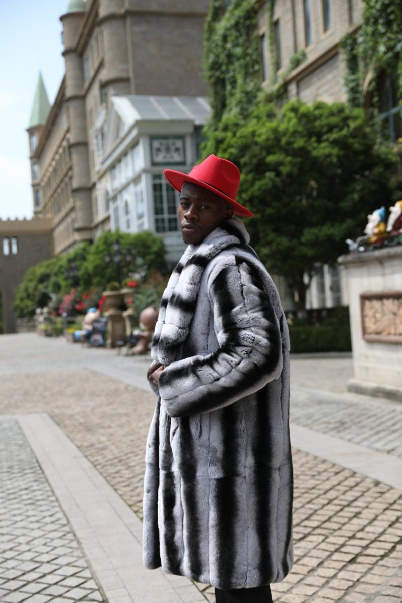 Men's Coat with a Shawl Collar Made of Rabbit Fur Black white
