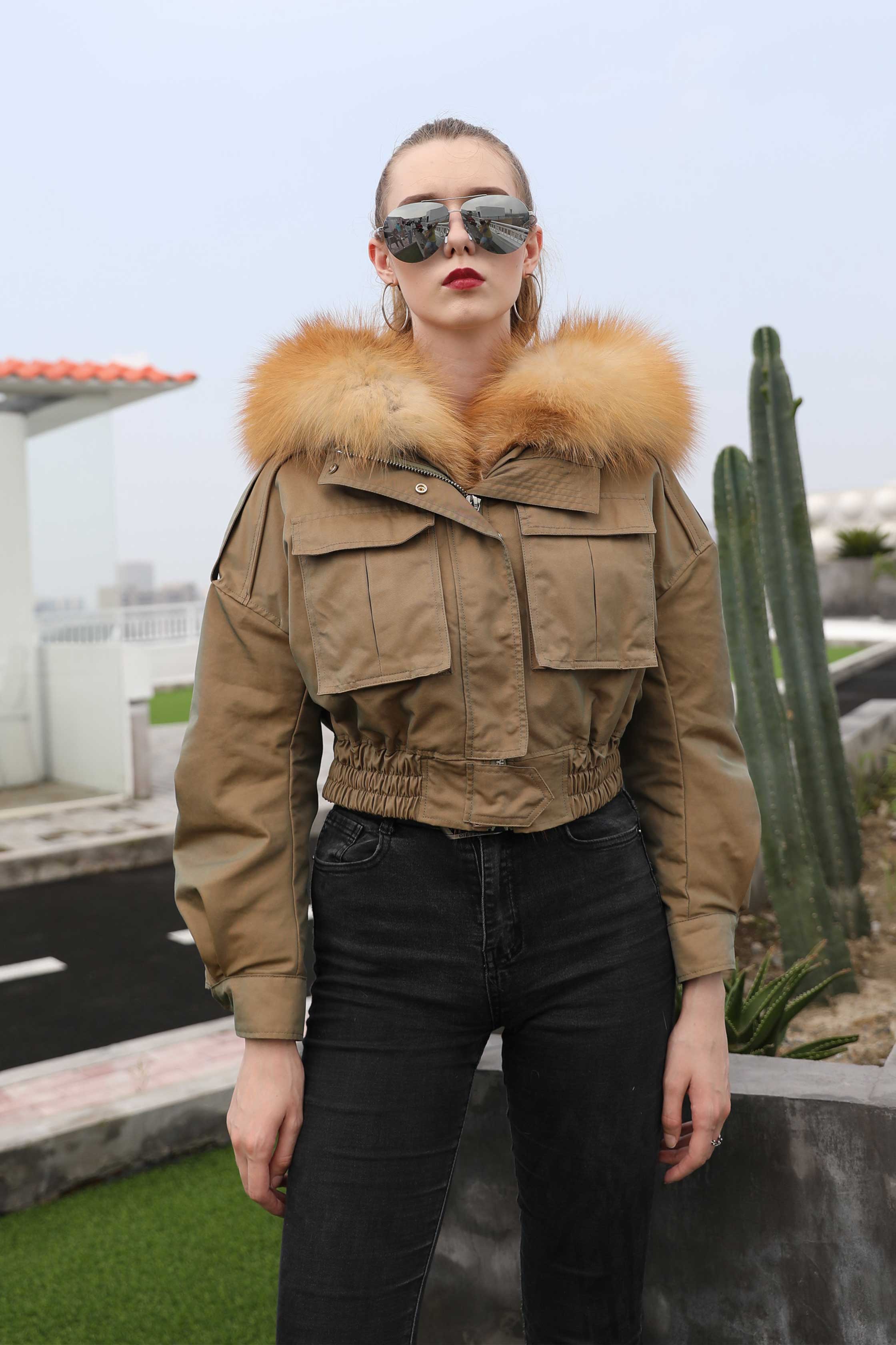 Short Wholesale Fashion Women's Fur Hooded Parka Red Fox