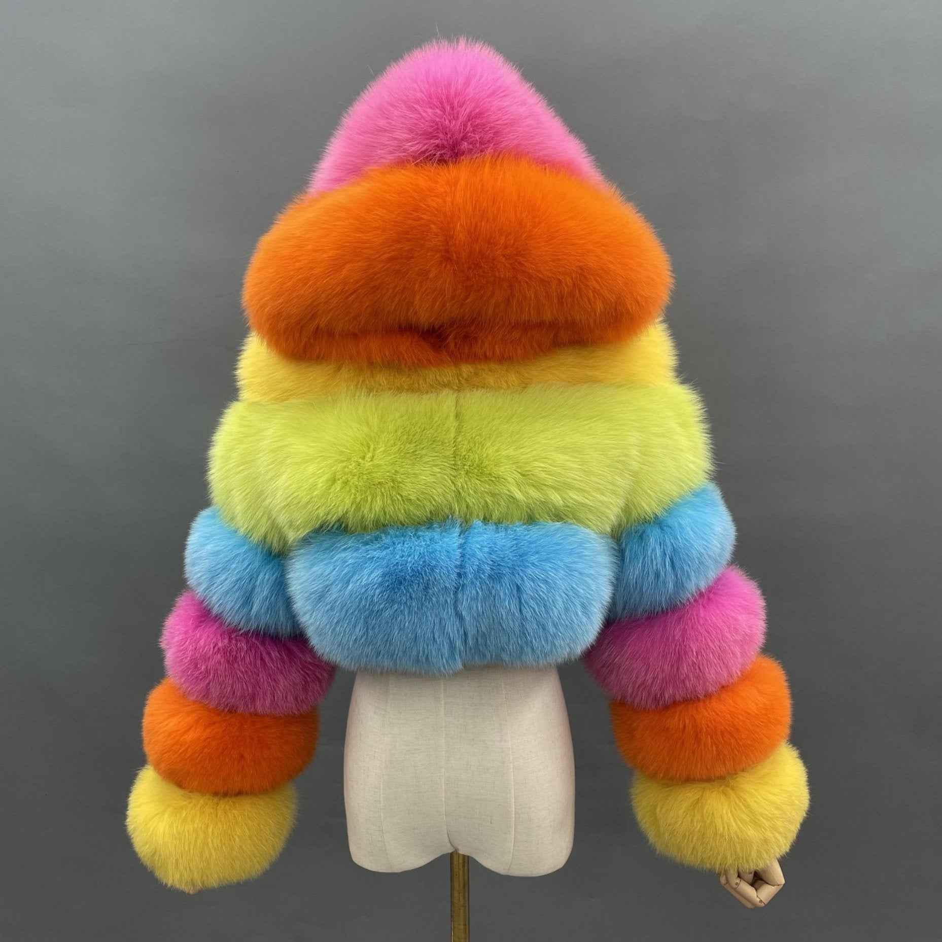 New Women's Winter Rainbow Fox Fur Hooded Coat