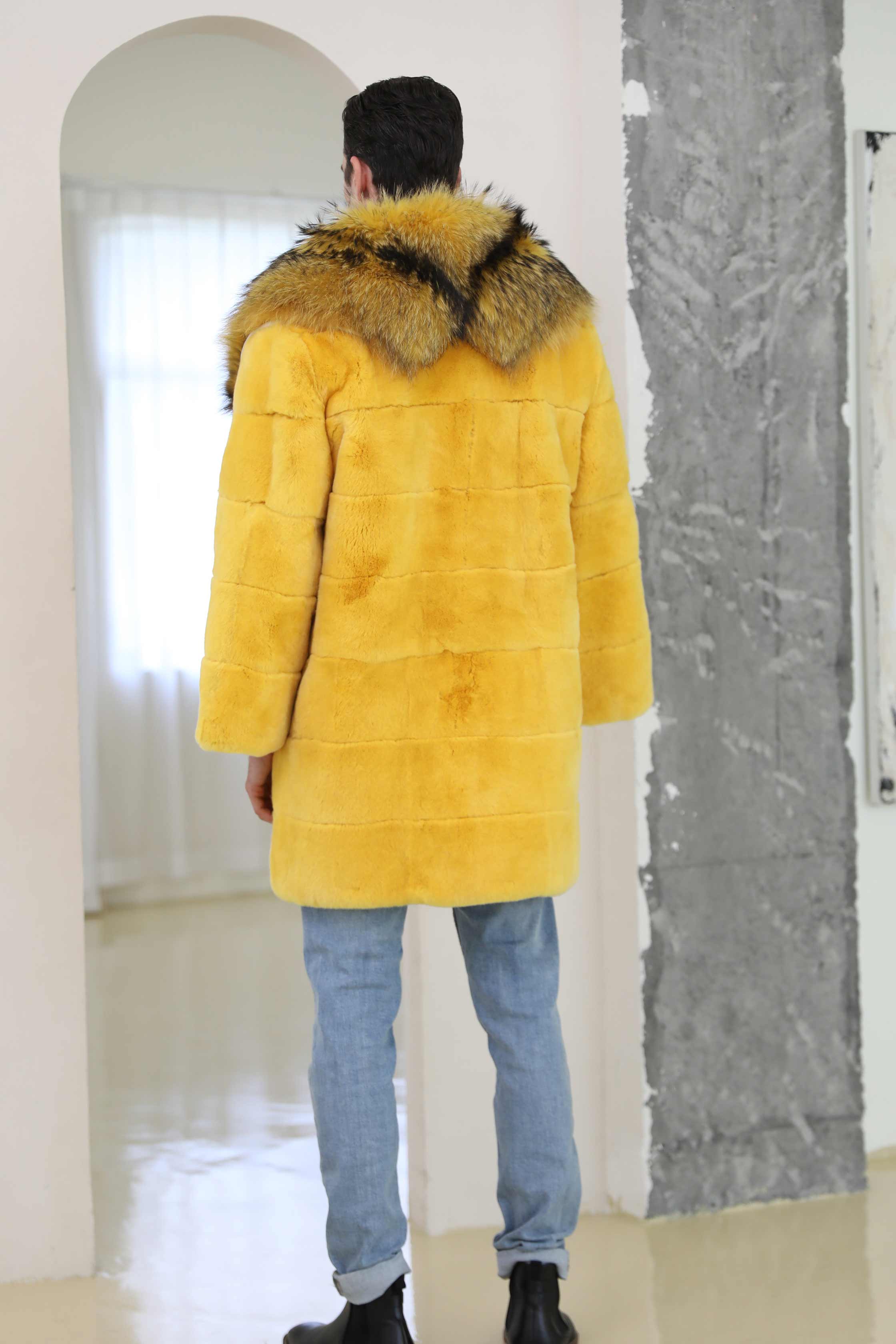 Luxury Winter Men's Long Raccoon Fur Collar Rabbit Fur Coat