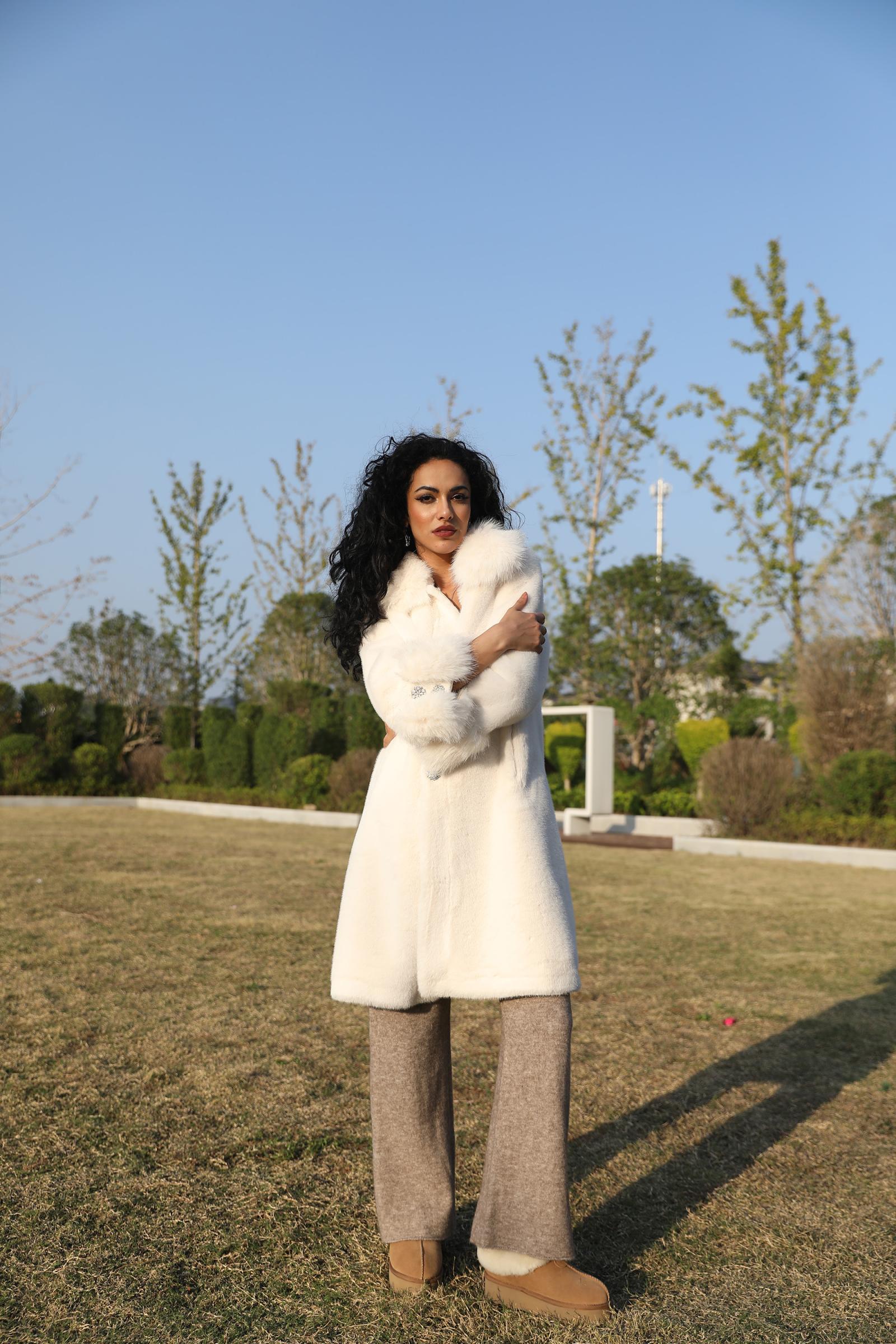 Eco-Friendly Mink Fur Faux Mink Fur Women's Jacket with Square Collar and Rhinestone Buttons