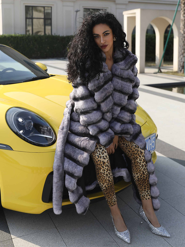 Eco Friendly Faux Fur Women's Casual Notched Collar Chinchilla Pattern Long Coat