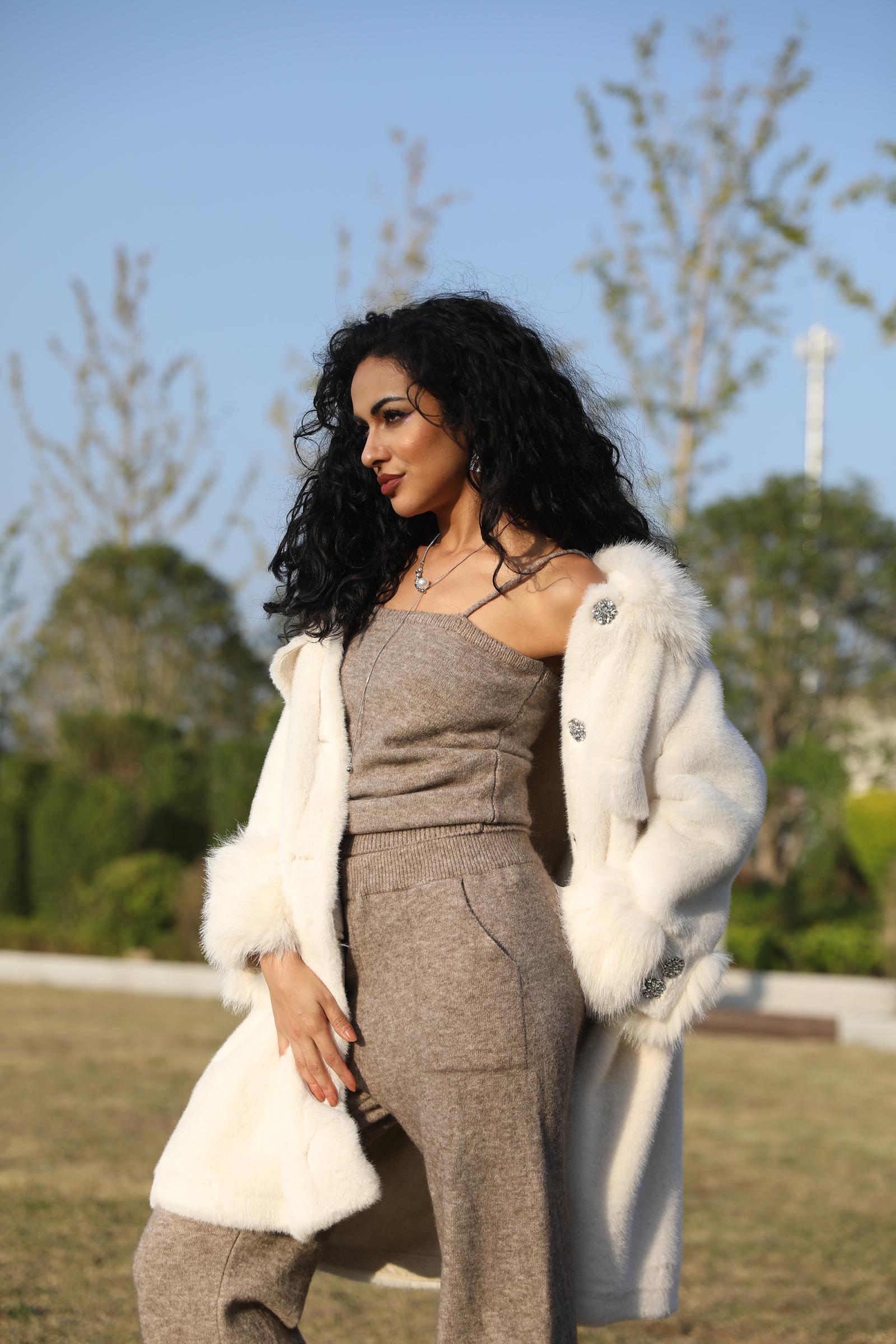 Eco-Friendly Mink Fur Faux Mink Fur Women's Jacket with Square Collar and Rhinestone Buttons