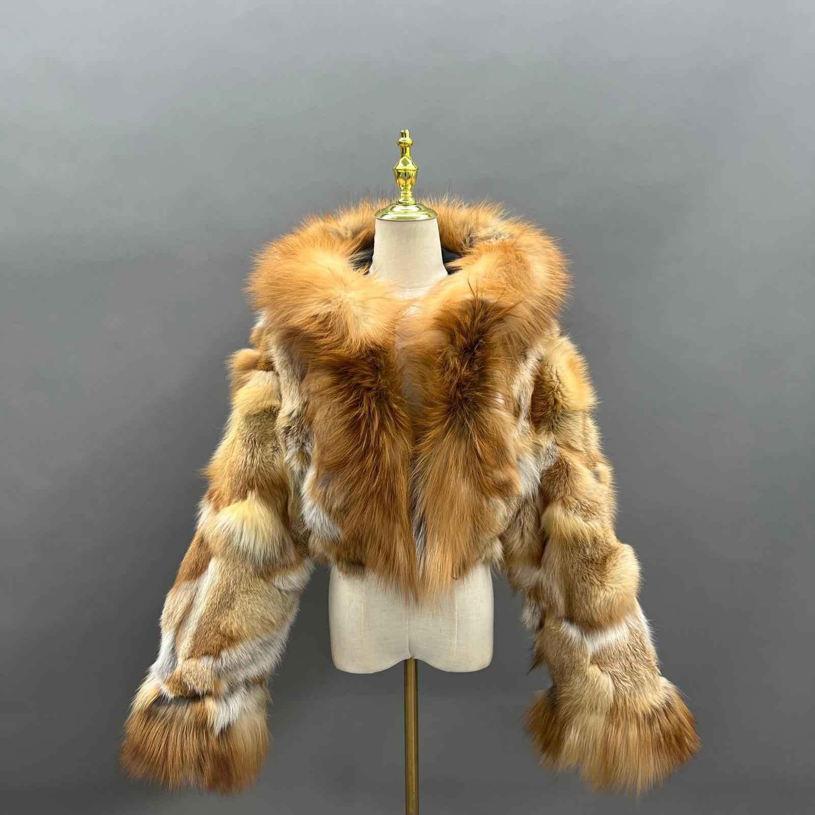 Fox Fur Coat for Women Luxurious Fox Fur Placket Hooded Zippered Jacket