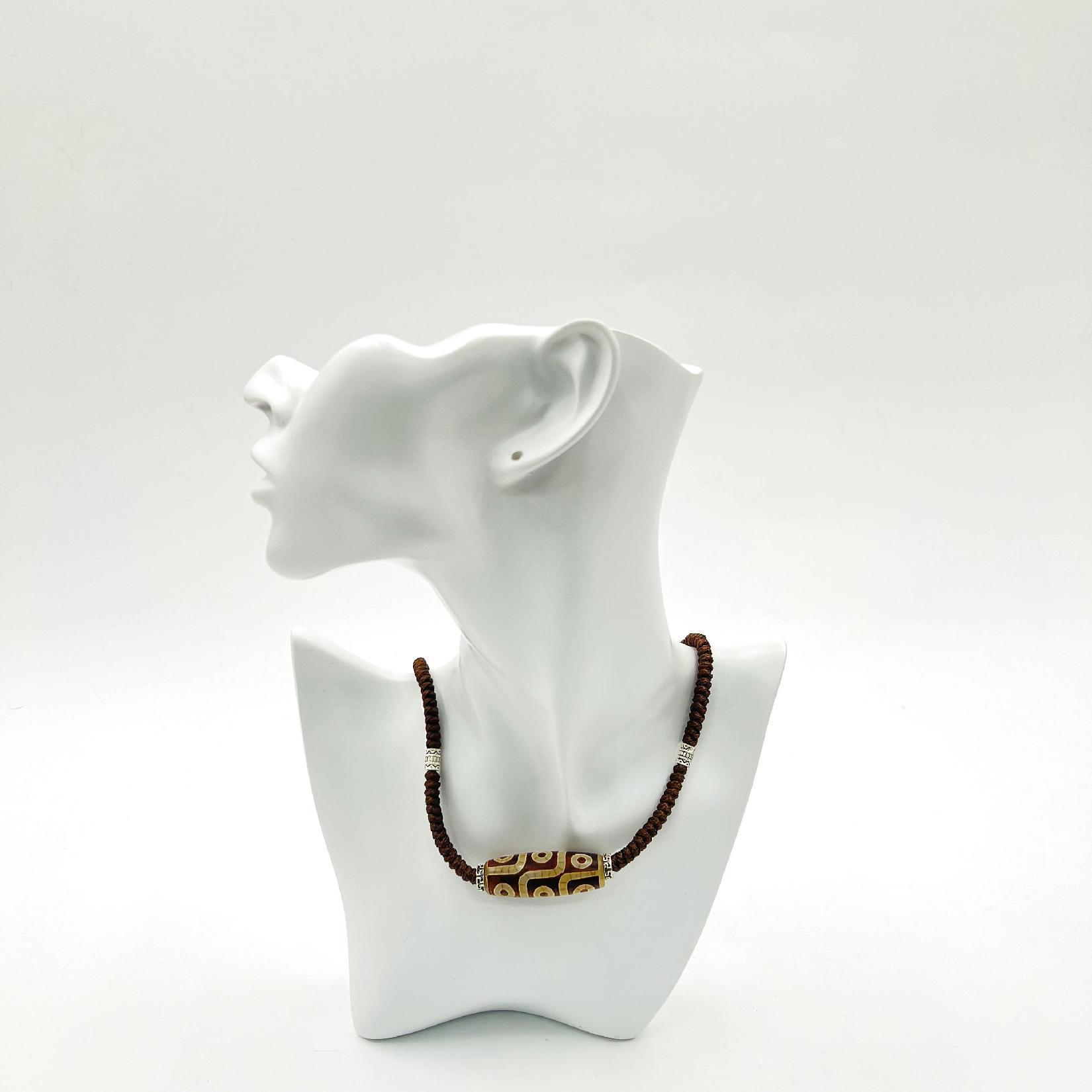 Tibetan-Style Vintage Agate and Ceramic Bead Necklace and Bracelet Featuring a Handwoven Design with Elastic Cord Jewelry
