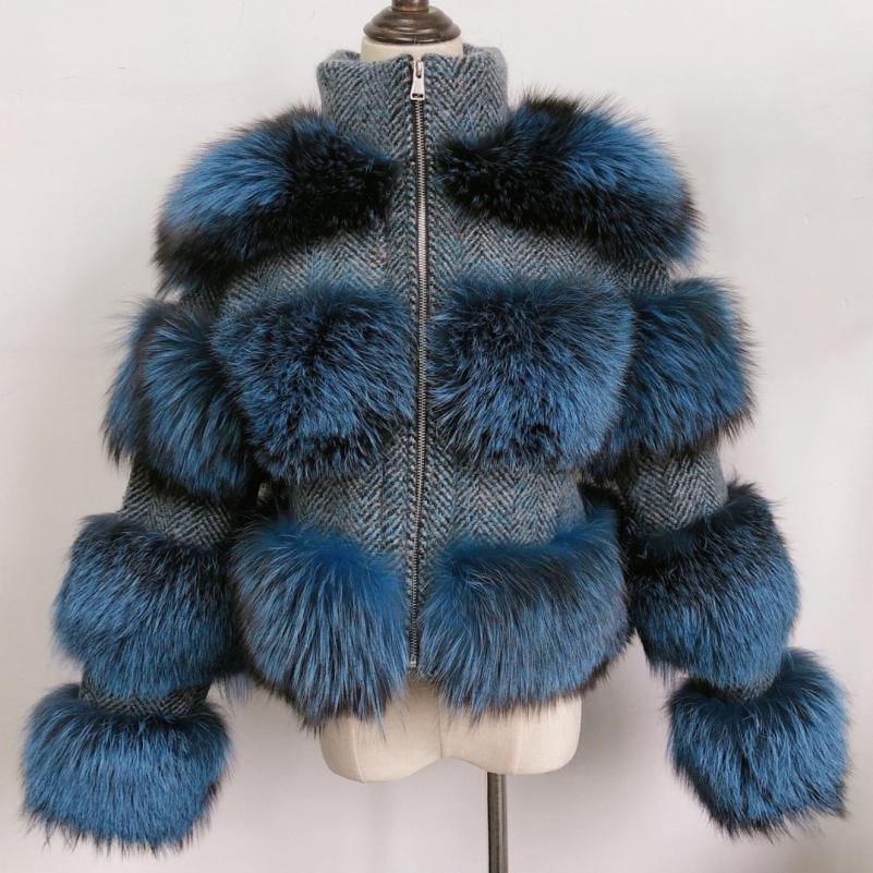 Fashion Women's Short Chanel Style Raccoon Fur Layered Coat Blue