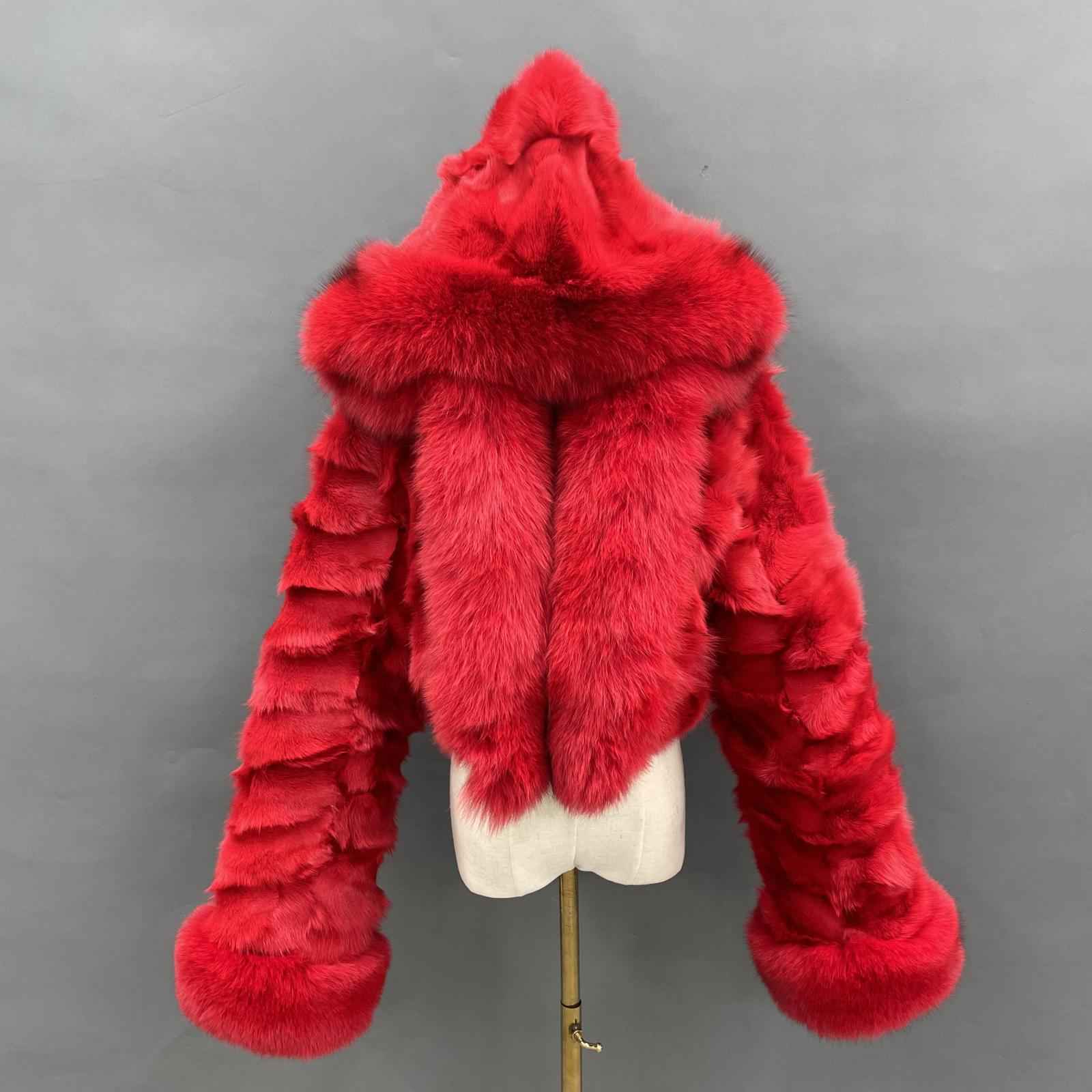 Fox Fur Coat for Women Luxurious Fox Fur Placket Hooded Zippered Jacket Red