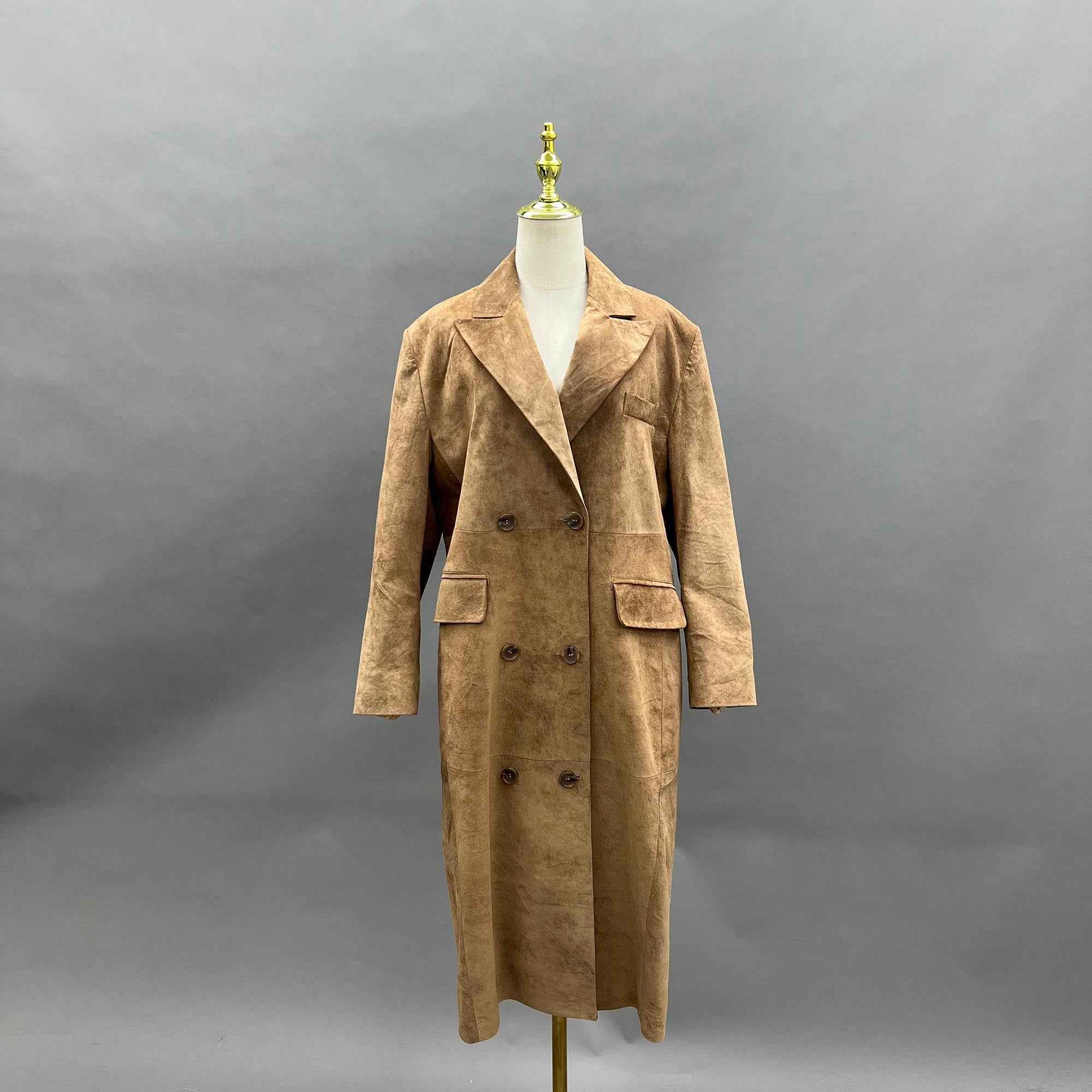 Janefur Fashion Suit Collar Double-breasted Long Camel Fake Leather Trench Coat