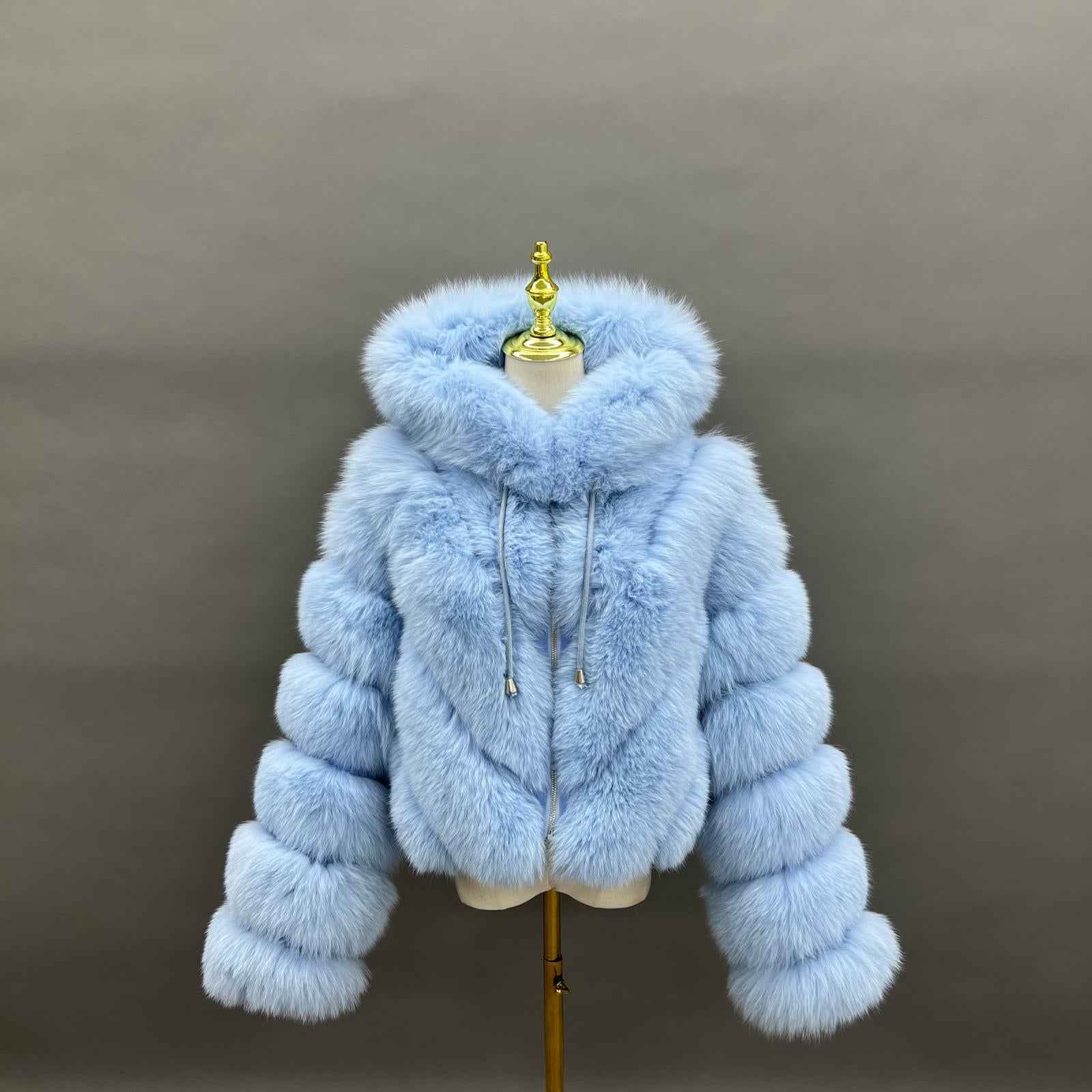 Luxurious Fox Fur Women's Hooded V-Pattern Zipper Jacket for Winter Fashion Baby Blue