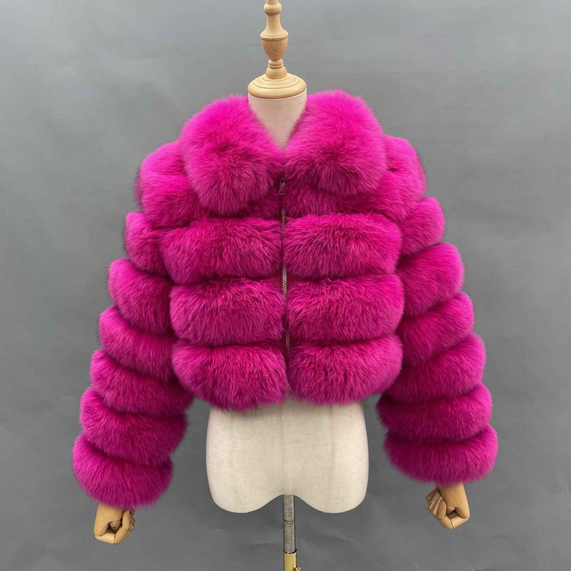 Women's Five Sections Zipper Fox Fur Coat Winter Coat Hot Pink S-chest 92cm