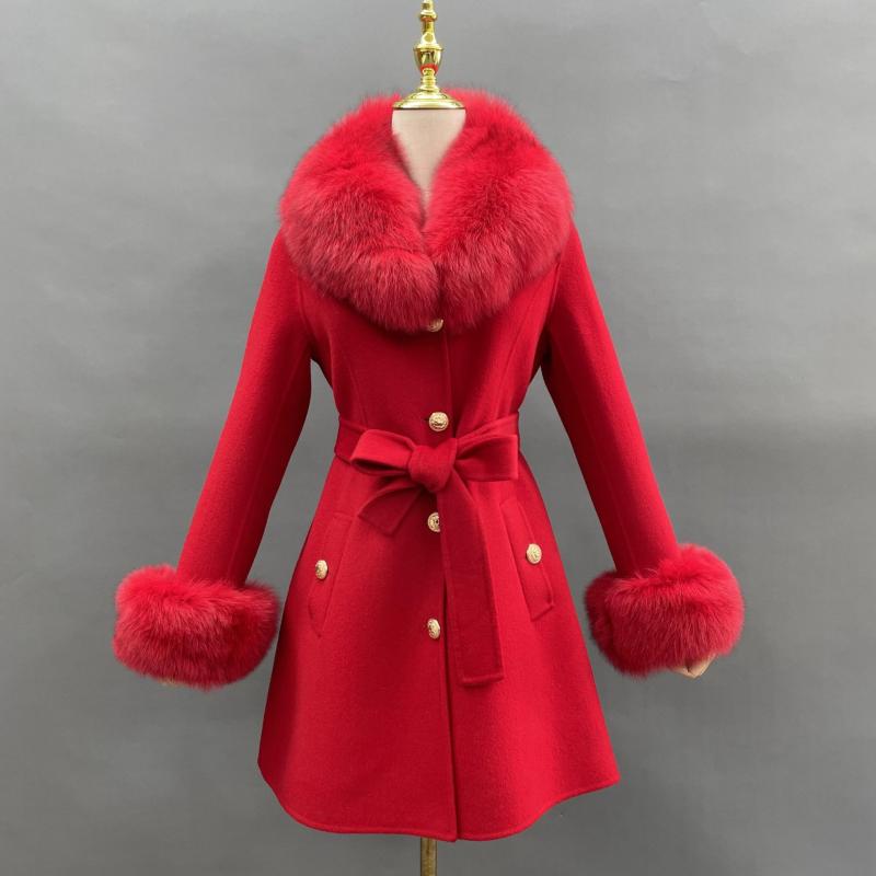 Single Breasted Lace-up Cashmere Coat Red
