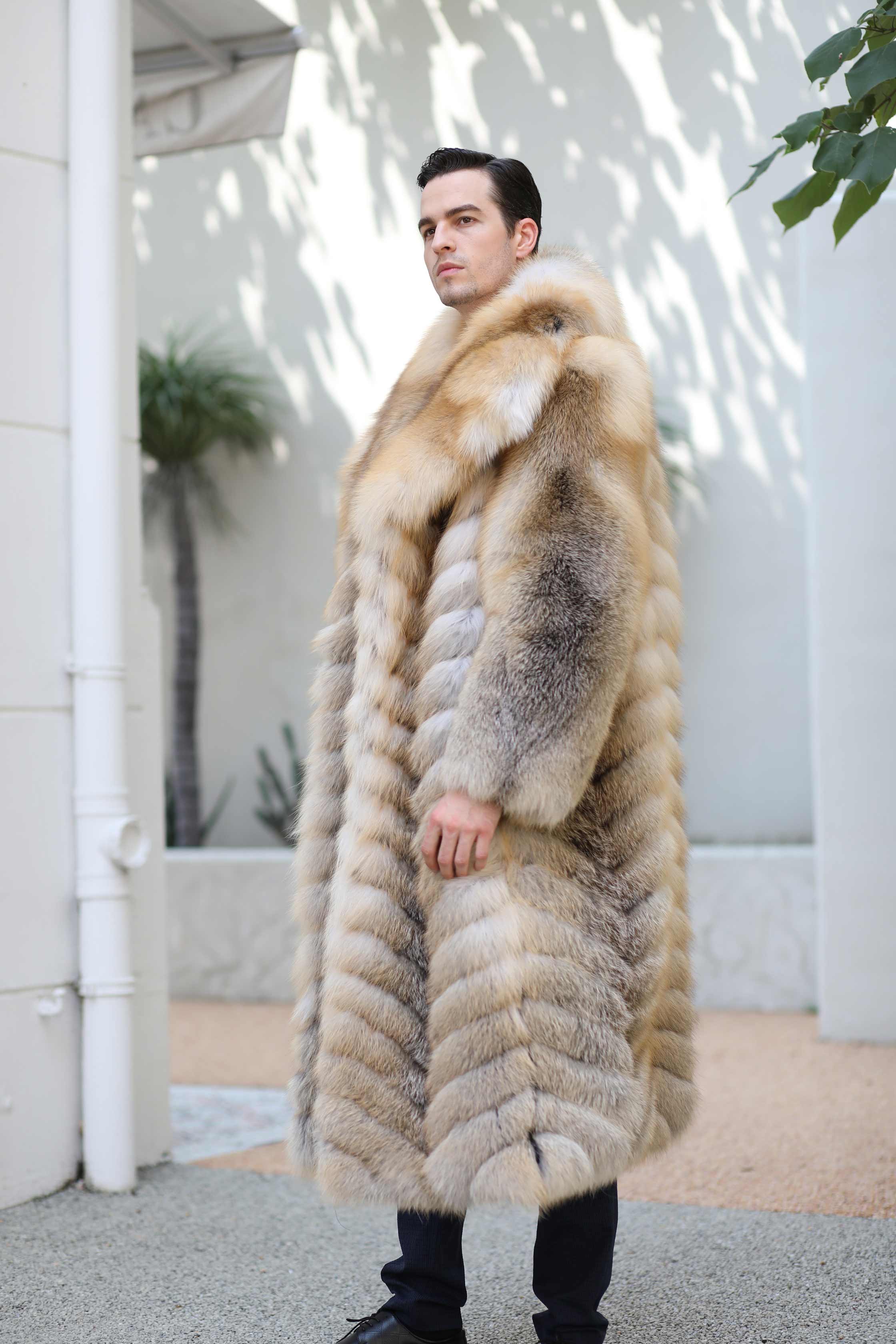 Men's Long Golden Island Fox Luxury Fox Fur Real Fur Winter Coat