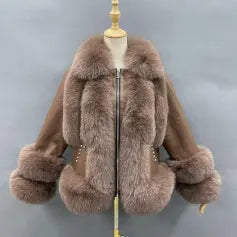 Women's Leather Coat With Fox Fur Collar Zipper Brown