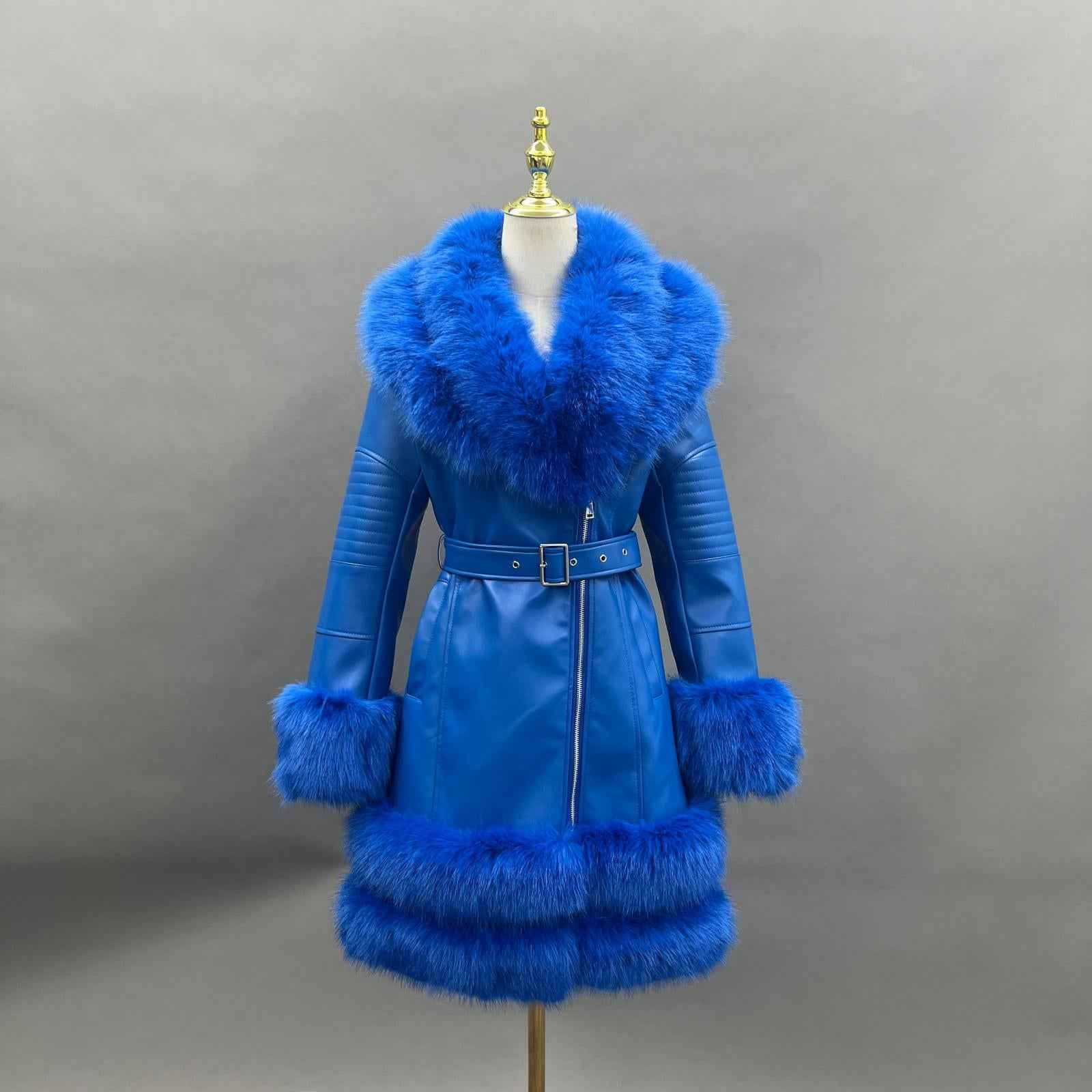Eco-Friendly Leather Women's Mid-Length Coat with Faux Fur Cuffs and Belt