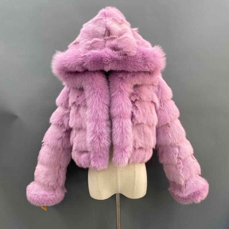 Luxury Women's Winter Short Fox Fur With Hooded Zipper Style Coat Lavender Click chat with us