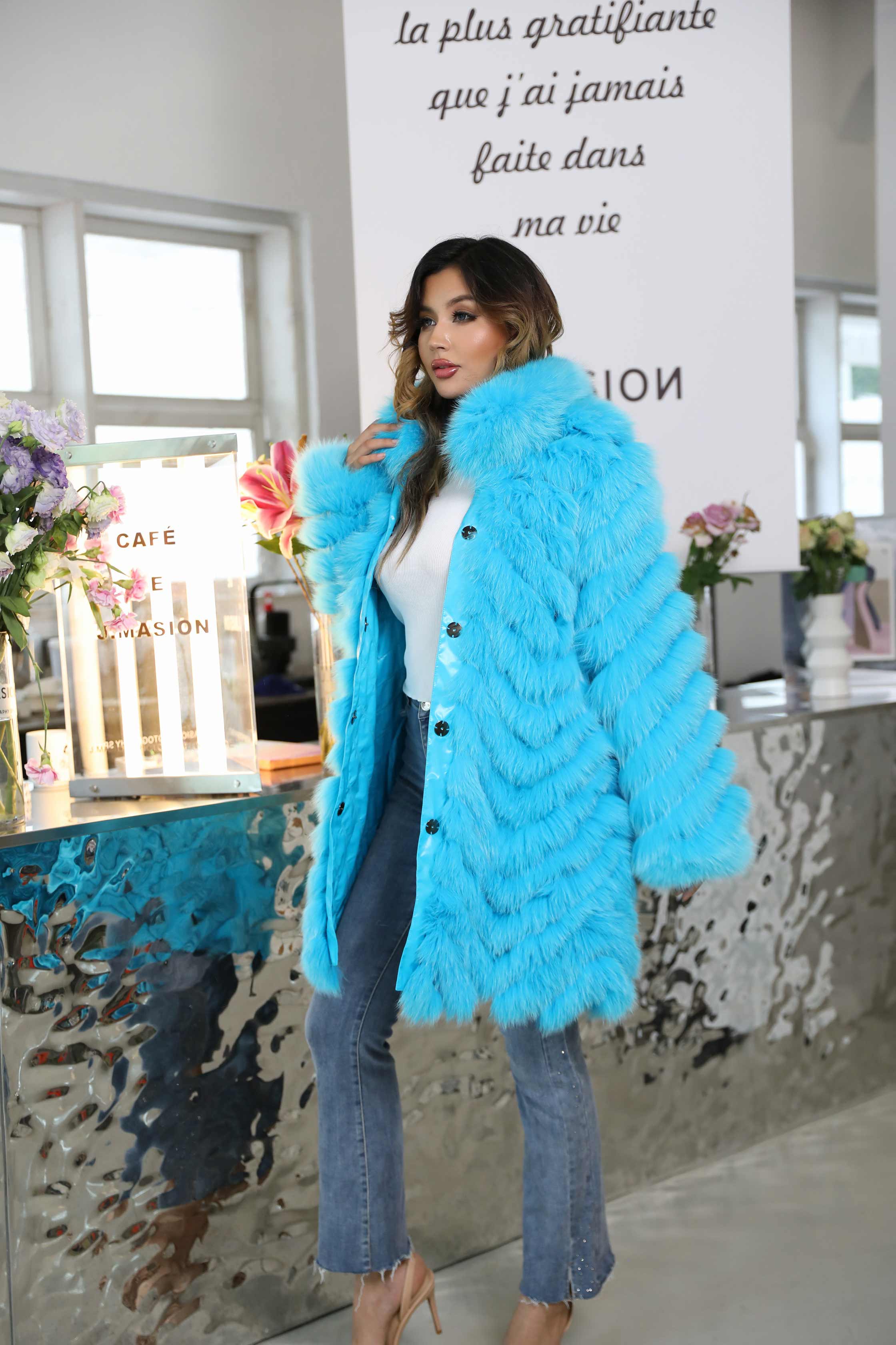 Women's Long Solid Colour Fox Fur Two-Sided Coat Blue Click chat with us