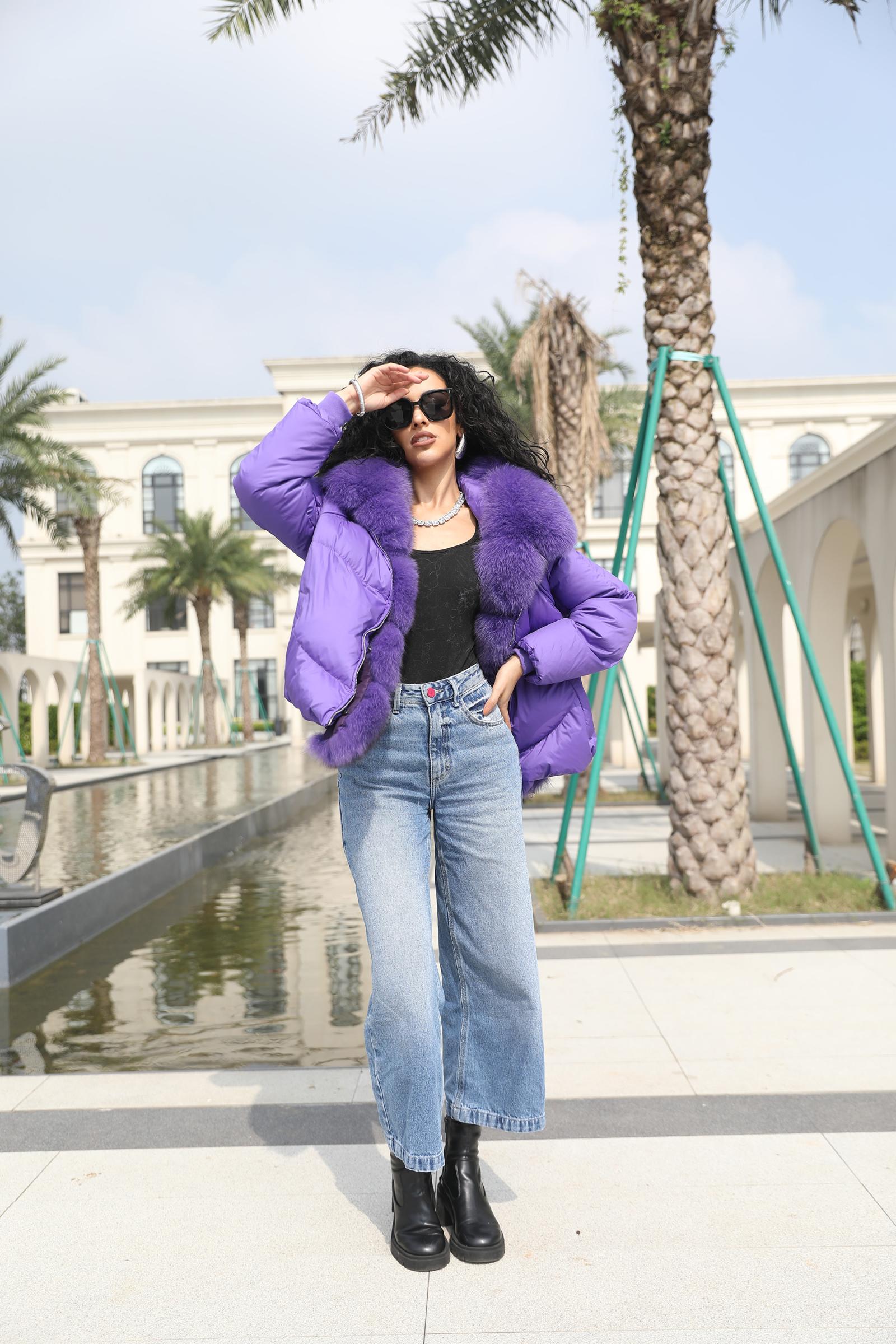 Goose Down-Lined Women's Segmented Fox Fur Placket Hooded Down Jacket