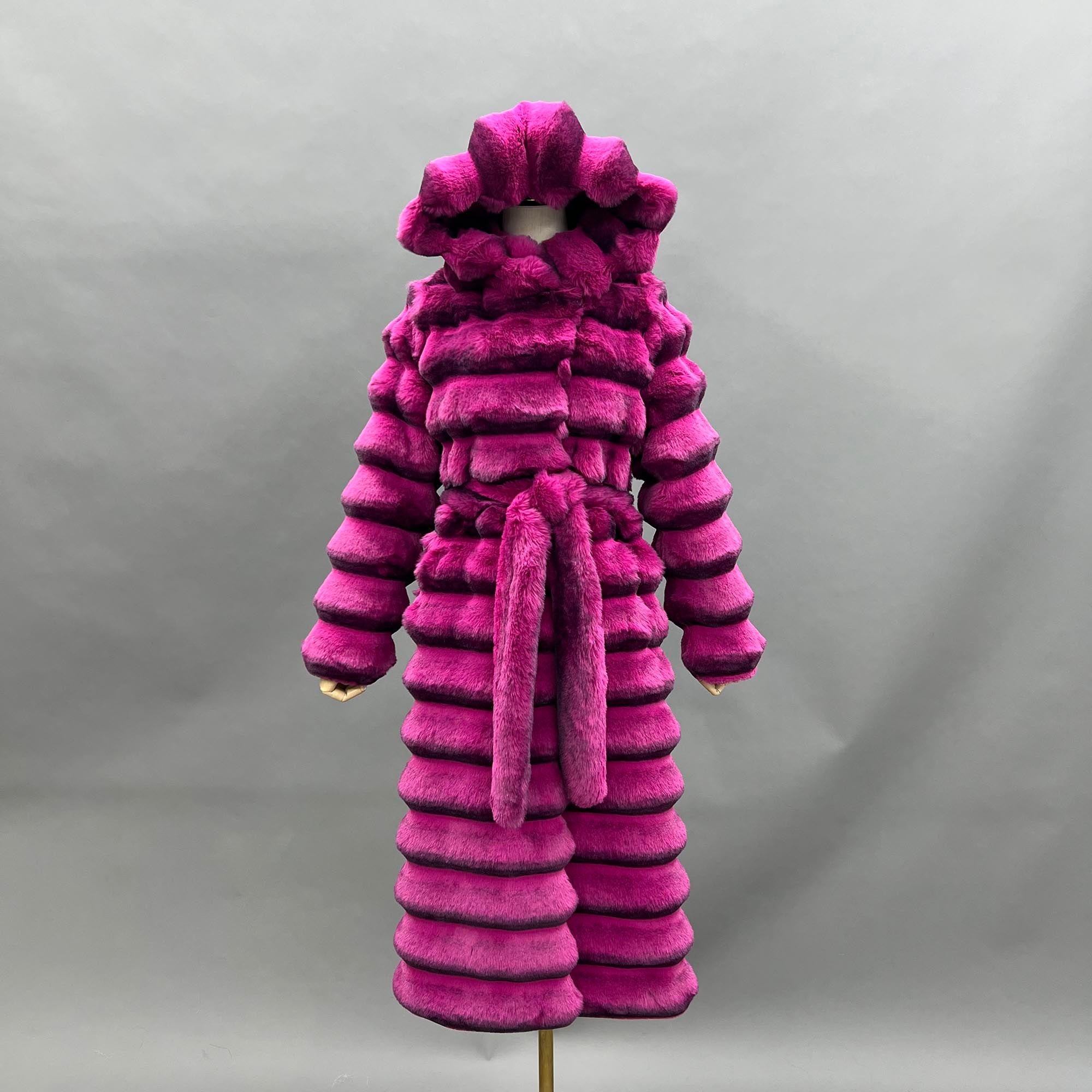 Eco Friendly Faux Fur Jacket with Hood Women's Fashionable Long Coat with Chinchilla Pattern