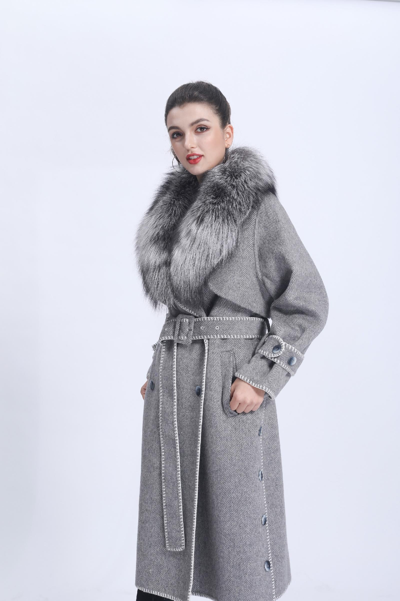 Women's Double-faced Wool Coat with Luxurious Silver Fox Fur Collar Cashmere Jacket