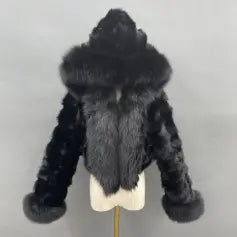 Luxury Women's Winter Short Fox Fur With Hooded Zipper Style Coat Black Click chat with us