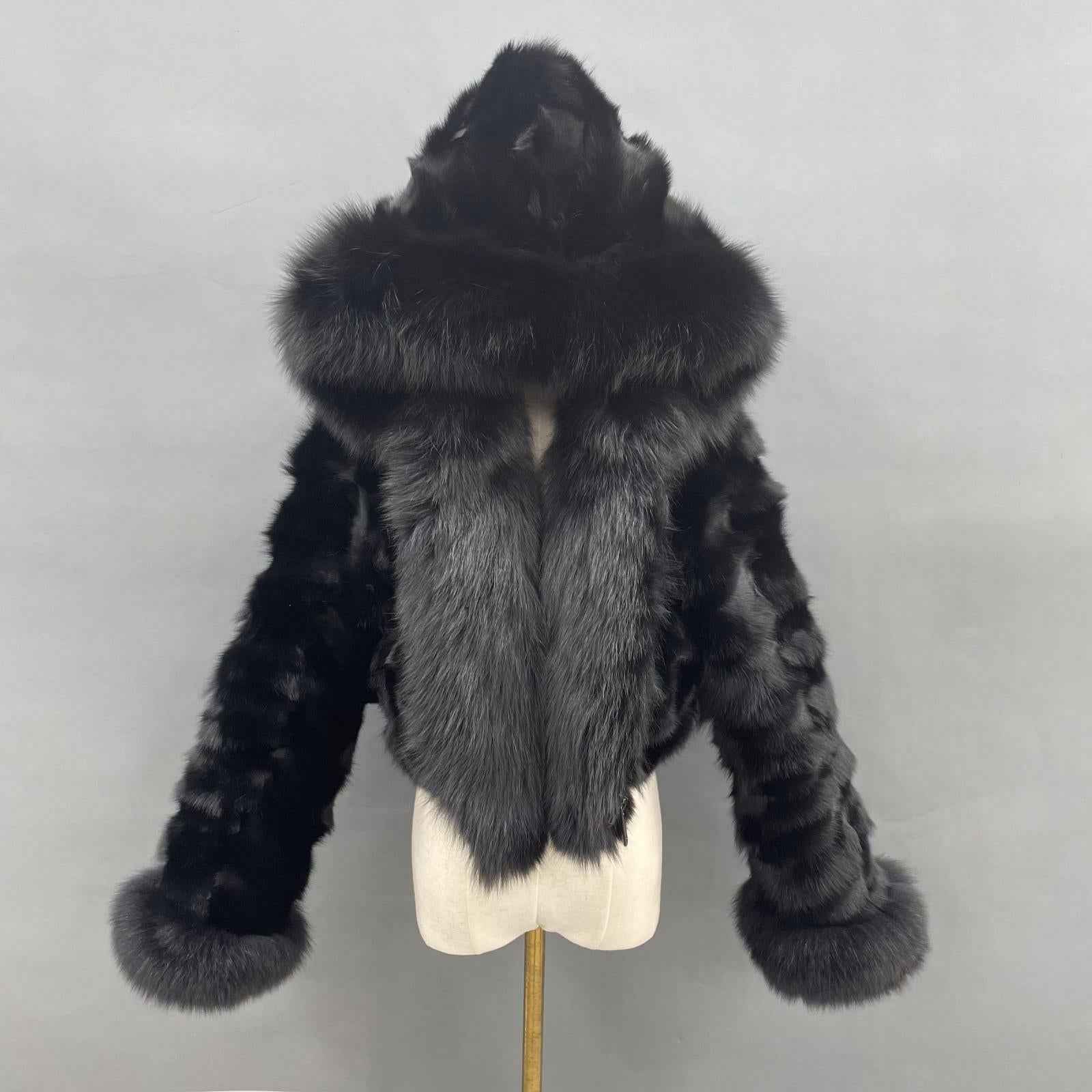 Fox Fur Coat for Women Luxurious Fox Fur Placket Hooded Zippered Jacket Black